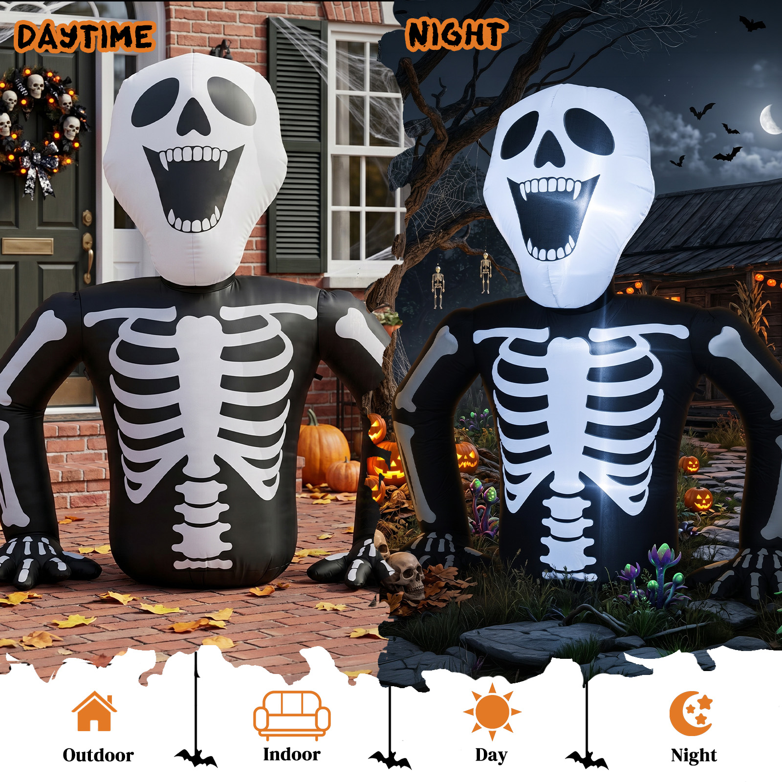 6ft Half-Skull Inflatable Decoration With 3 LED Lights,Black And White,1000mA,12V US Standard photo 1