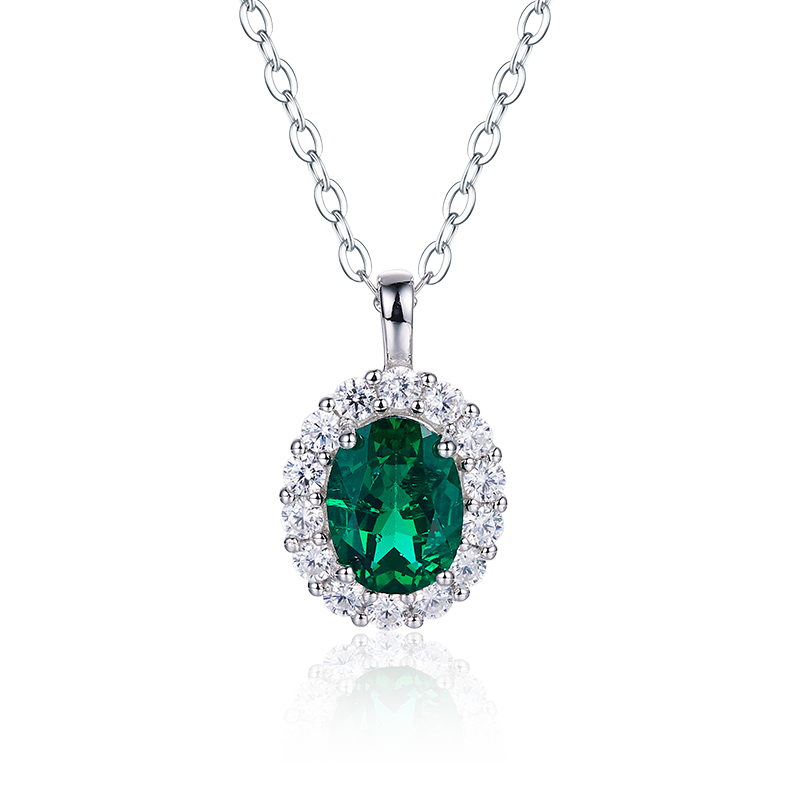 S925 Silver 2.9g 1ct Lab-Created Emerald Halo Necklace, 40&5cm Adjustable photo 1