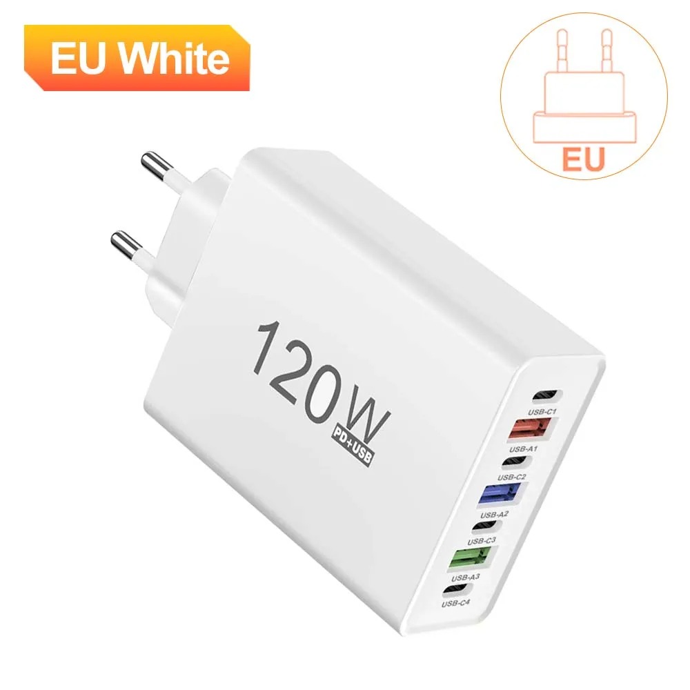 USB-C Charger, 120W Total Power, Multi-port Fast Charging, Type-C Interface, Compatible With IPhone, Samsung, Huawei, And Other Mobile Phones, European Standard Plug, Wall Charger. photo 2