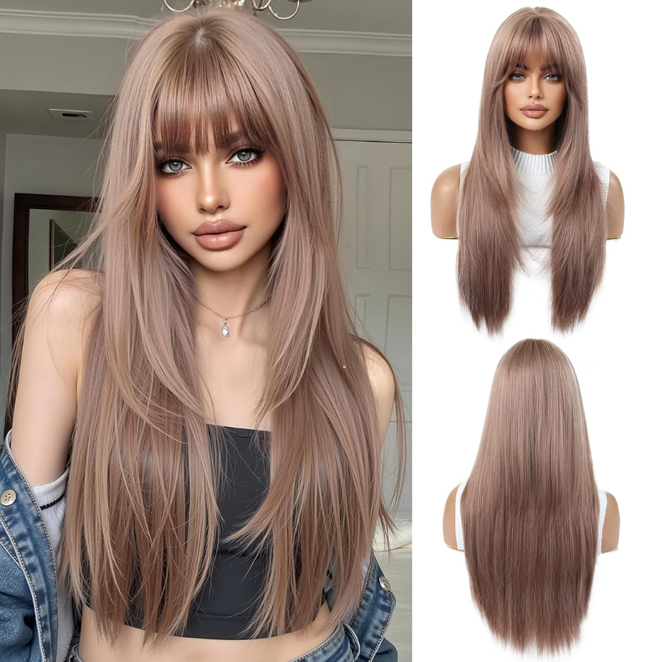 Blonde Wigs For Women With Bangs Long Natural Straight Synthetic Hair Heat Resistant Wigs For Daily Party Cosplay Wear photo 1