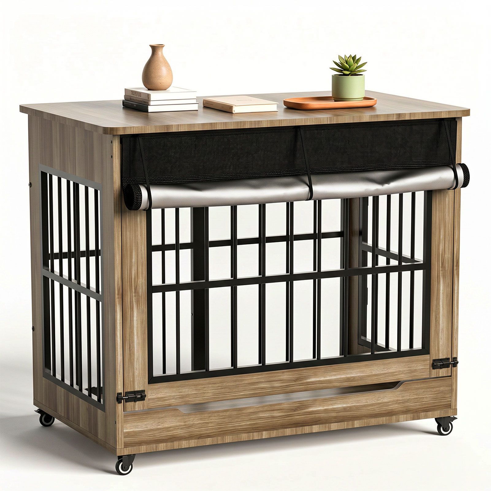 46in Large Dog Crate Furniture, Double Door Wooden Indoor Dog Kennel Furniture, Decorative Pet Cage End Table With Wheels For Extra Large Breed Dogs, Size 2XL, Greige photo 2