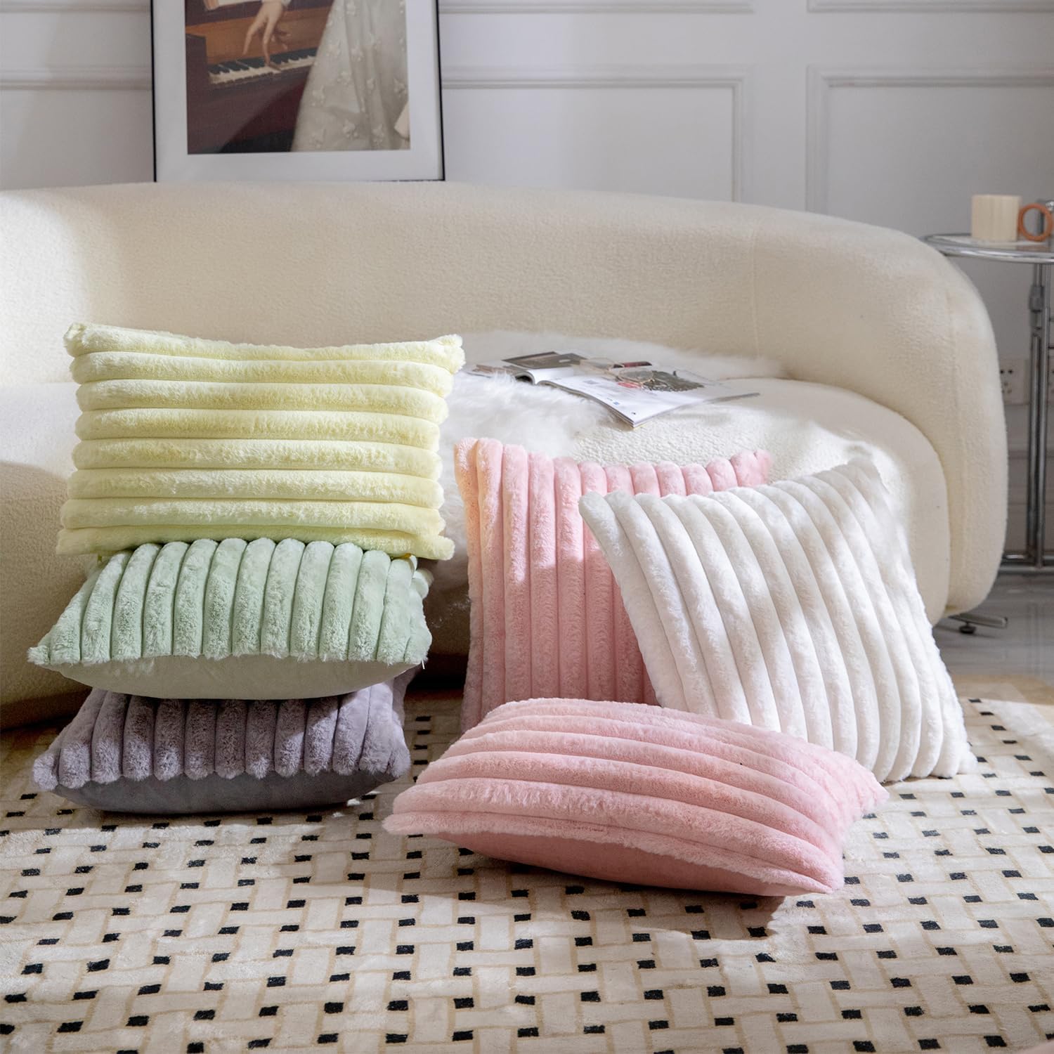 Cream Faux Fur Throw Pillow Covers 2 Units, Striped Plush Cushion Cases 12x20 Inch For Bedroom Living Room Sofa Decor photo 5