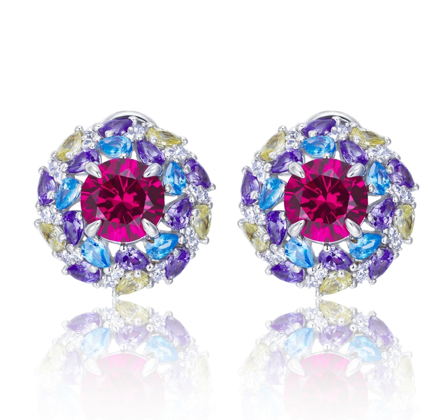 S925 Silver 6.5g 2ct Lab-Created Ruby Earrings, Multicolor Cluster, Pair photo 1