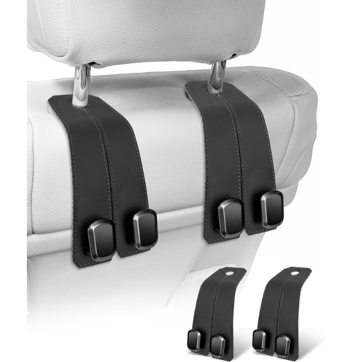 Car Hooks For Headrest, 2Pcs Seat Back Storage Hook Luxurious Leather Metal Multifunctional Car Hanger & Holder For Heatrest, Seat, Bag, Purse Black photo 1