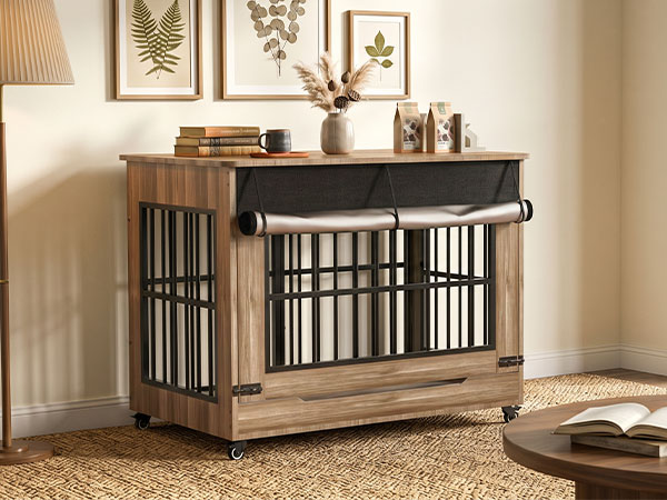 38in  Dog Crate Furniture, Double Door Wooden Indoor Dog Kennel Furniture, Decorative Pet Cage End Table With Wheels For Large And Medium Breed Dogs, Size L, Greige photo 2