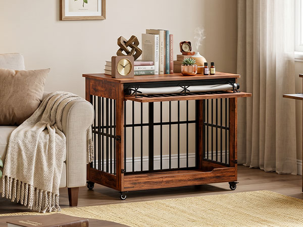 38in  Dog Crate Furniture, Double Door Wooden Indoor Dog Kennel Furniture, Decorative Pet Cage End Table With Wheels For Large And Medium Breed Dogs, Size L, Greige photo 1