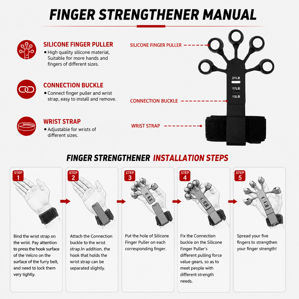 Finger Strengthener Silicone Five Finger Exerciser Adjustable Resistance Hand Gripper Finger Trainer For Home Gym Hand Strength Training Rehabilitation Wrist Forearm Muscle Portable Lightweight photo 6