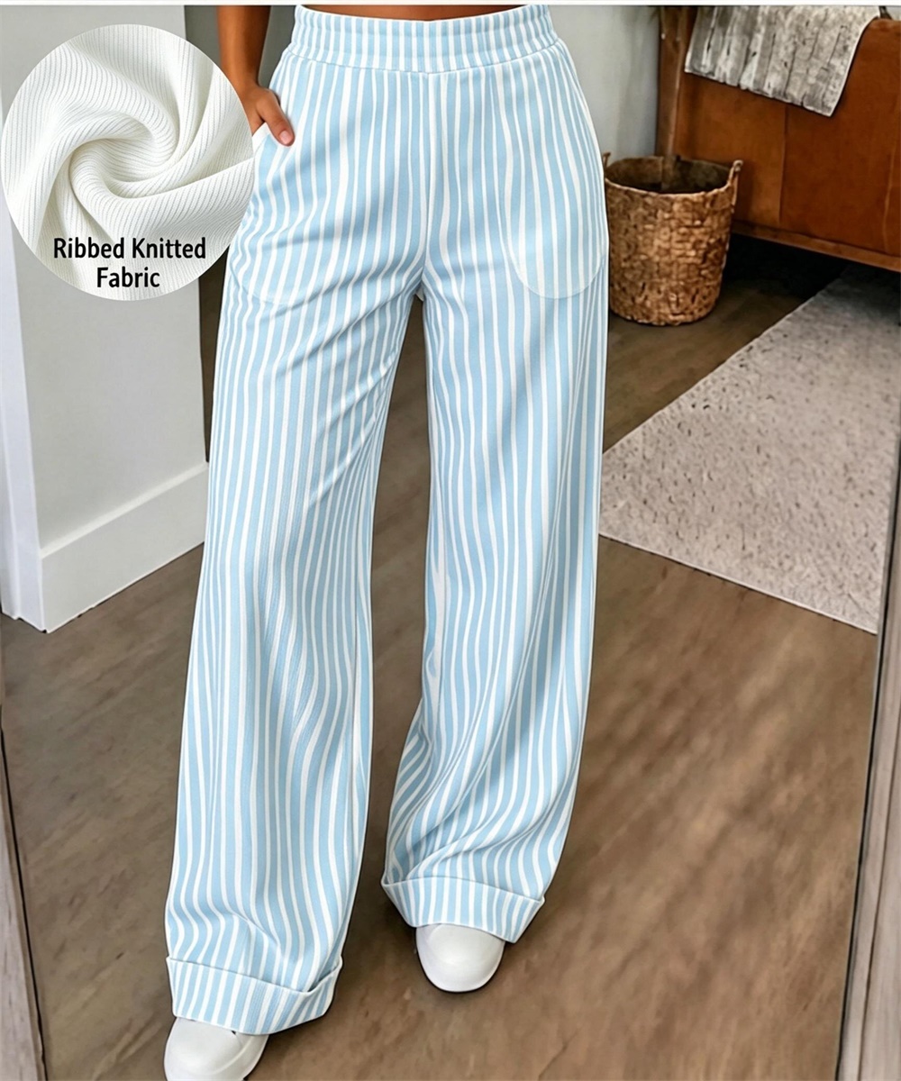 Women's Light Blue White Vertical Stripe Ribbed Knit Wide Leg Pants, Elastic High Waist Casual Trousers With Pockets photo 2