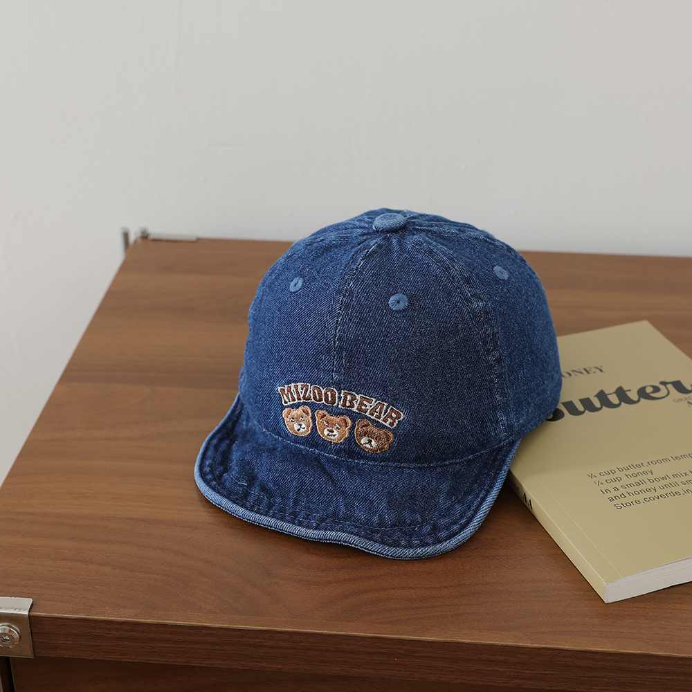 Baby Water Washed Denim Retro Beanie With Bear Embroidery And Soft Brim. Spring Autumn Outdoor Breathable Baseball Cap photo 4