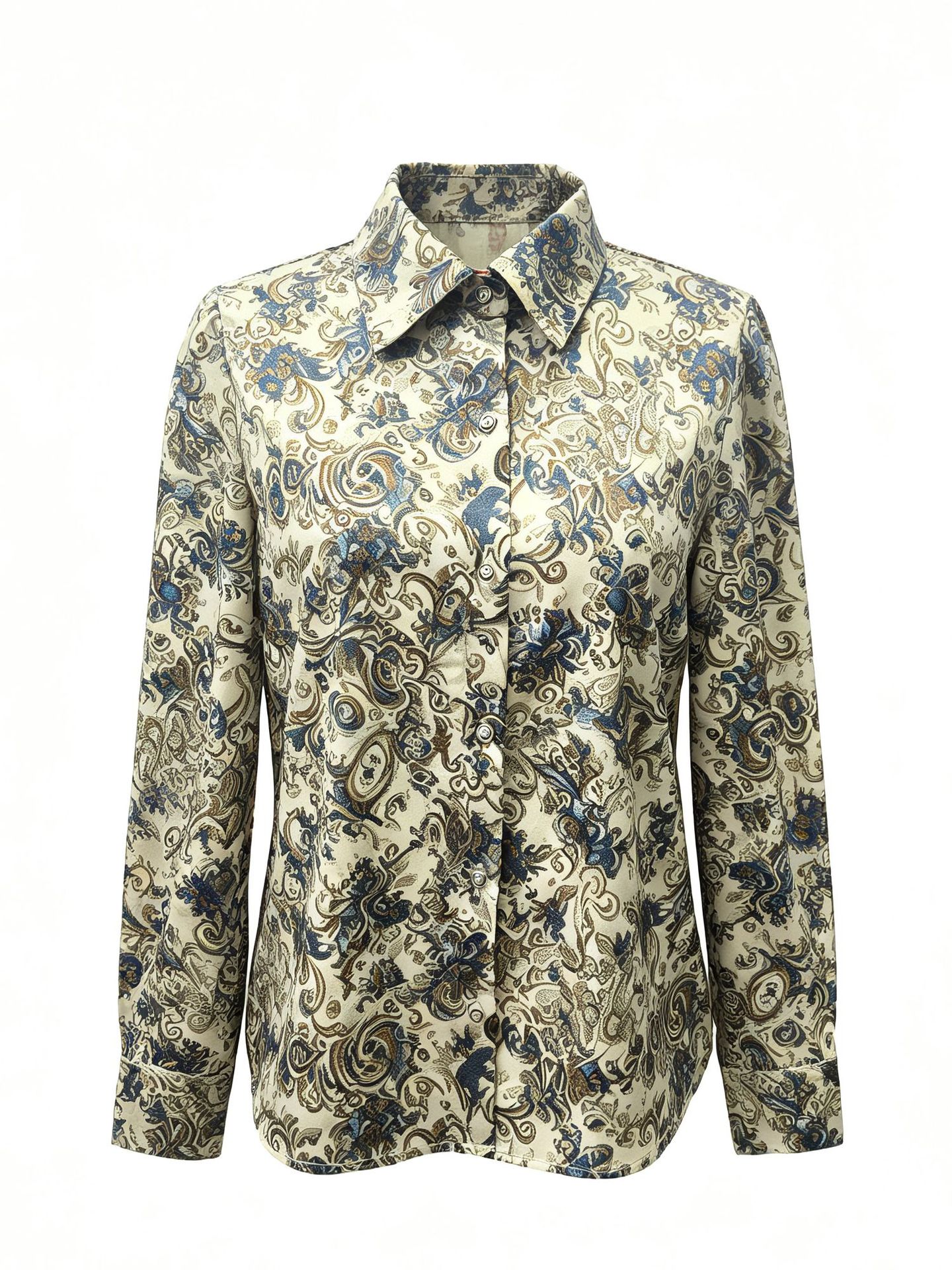 2026 Autumn New Arrival Amazon Cross-Border Women's Shirt Vintage Floral Print Turn-Down Collar Loose Casual Top photo 2