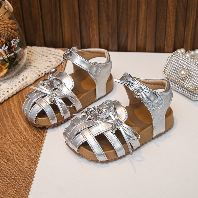 2026 Summer New Girls Sandals, Woven Style Sweet Bow Closed-Toe Sandals, Soft Sole Beach Shoes For Little Girls photo 2