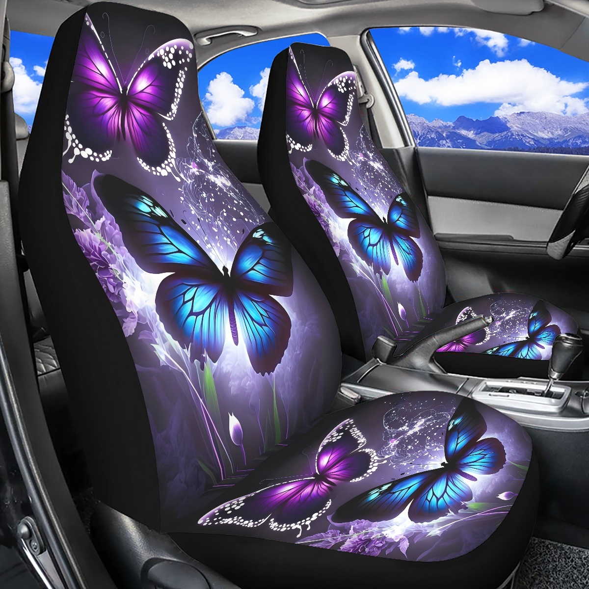 2 Front Car Seat Covers, Digitally Printed With Butterfly Patterns, Thin, Suitable For All Seasons, Fashionable Car Seat Covers photo 1
