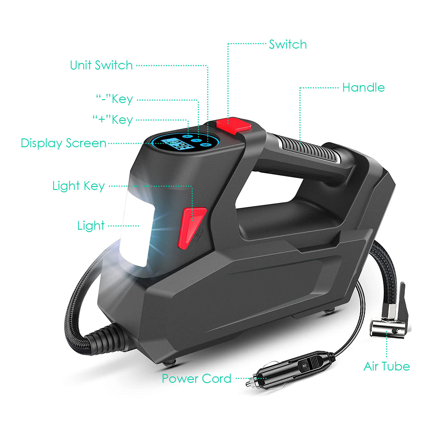 1Pc Portable Tire Inflator 120 PSI Maximum 90W Powered Tire Inflator With Digital Display LED Light Inflatable Nozzle Needle Fuse Air Compressor For Bikes Motorbikes Car Balls photo 3
