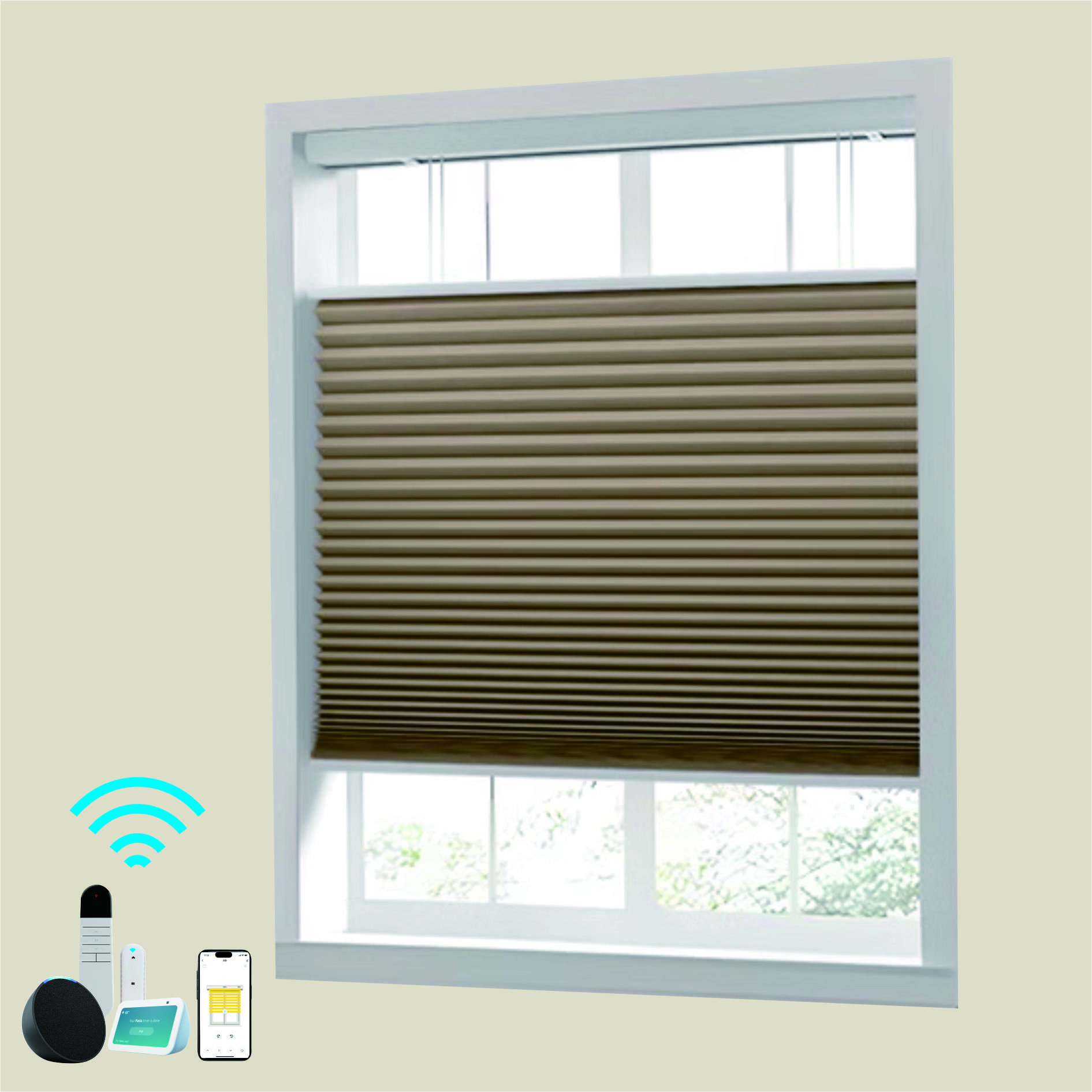 Raised Flag Day-Night Shade With Remote Control And Solar Panel-Full Blackout Motorized Shades For Home And Office-Cordless Organ Shade-Cordless Cellular Shade-Khaki photo 5