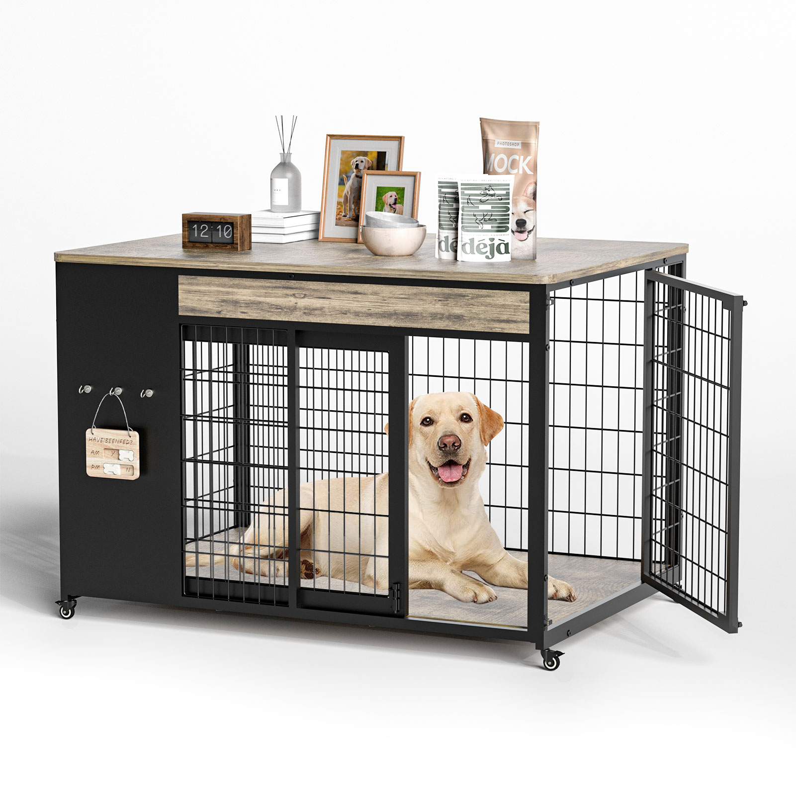 42-Inch Double Wide Wooden Double-Door Dog Crate Side Table Combo - Heavy-Duty DIY Assembly, Chew-Resistant Construction, Indoor Living Room Functional Home Decor Furniture For Large Breeds photo 3
