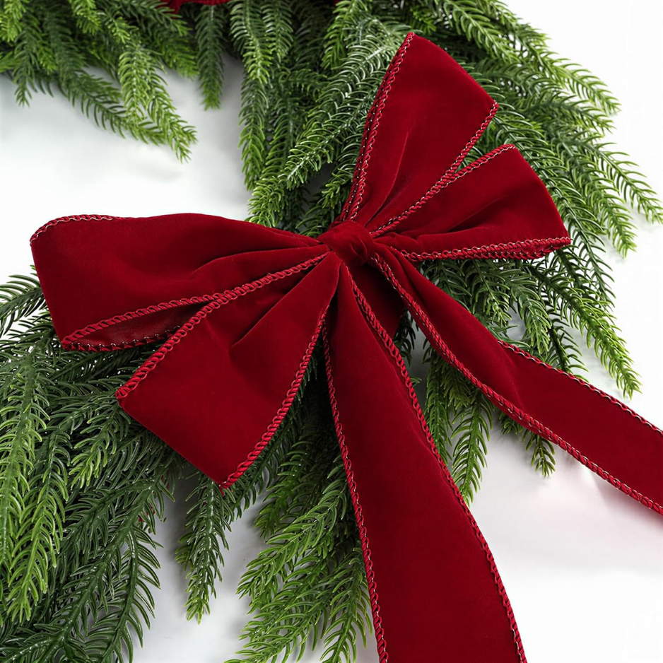 Christmas Decor  6FT Norfolk Pine Garland With Ribbon Bows Red Velvet photo 2