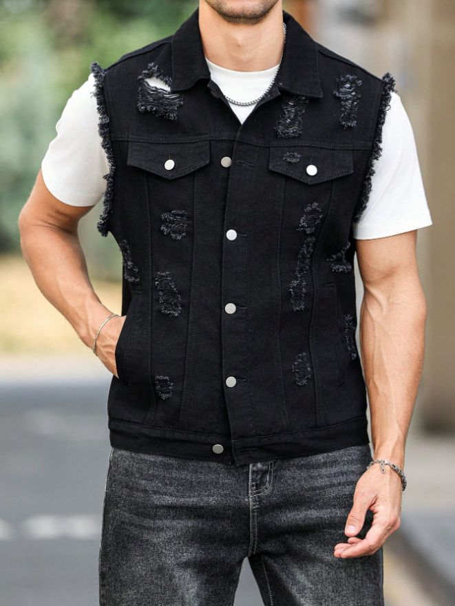 Black Distressed Denim Vest Men Ripped Frayed Sleeveless Jean Jacket Streetwear US Warehouse photo 1