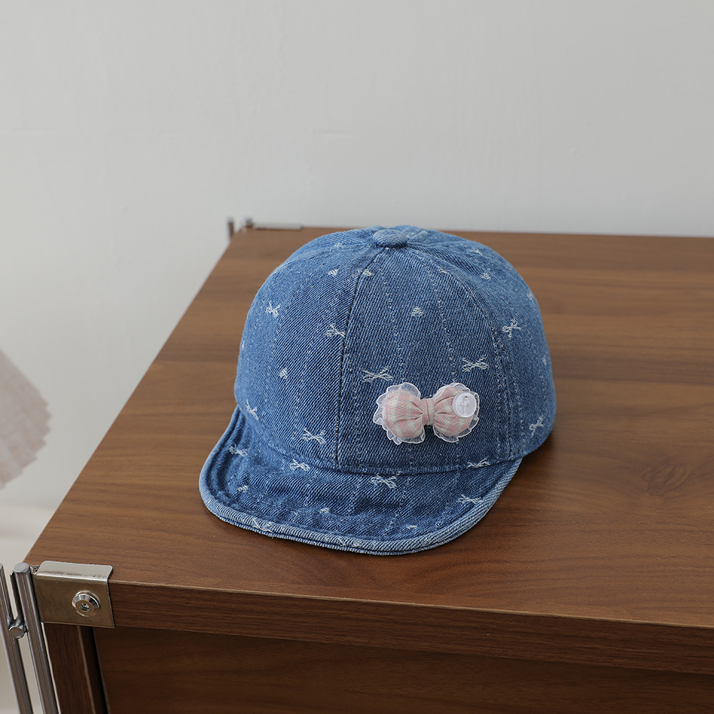 Striped Lace Bow Girl's Denim Baseball Cap, Baby-sized, Washed, Jacquard, Frayed, Heart-shaped Soft Brim Hat photo 3