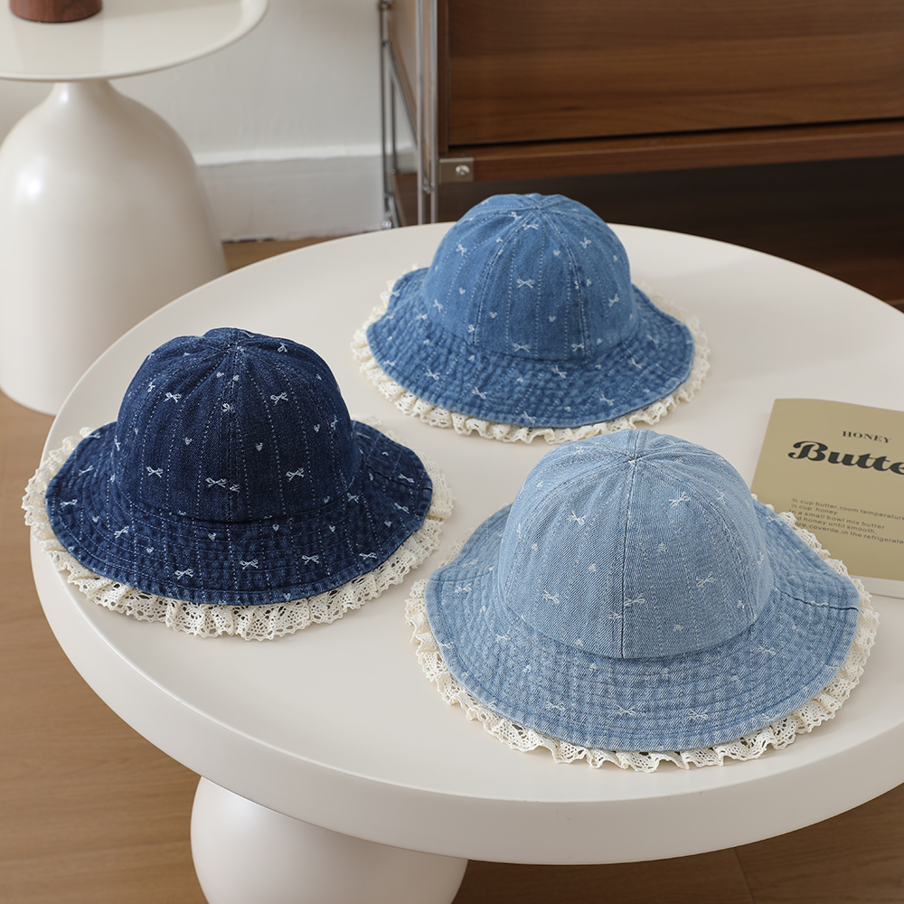 Children's Sweet And Cute Lace Edge Wide-brimmed Fisherman Hat With Washable Jacquard Butterfly Knot Heart Bucket Style Hat photo 1