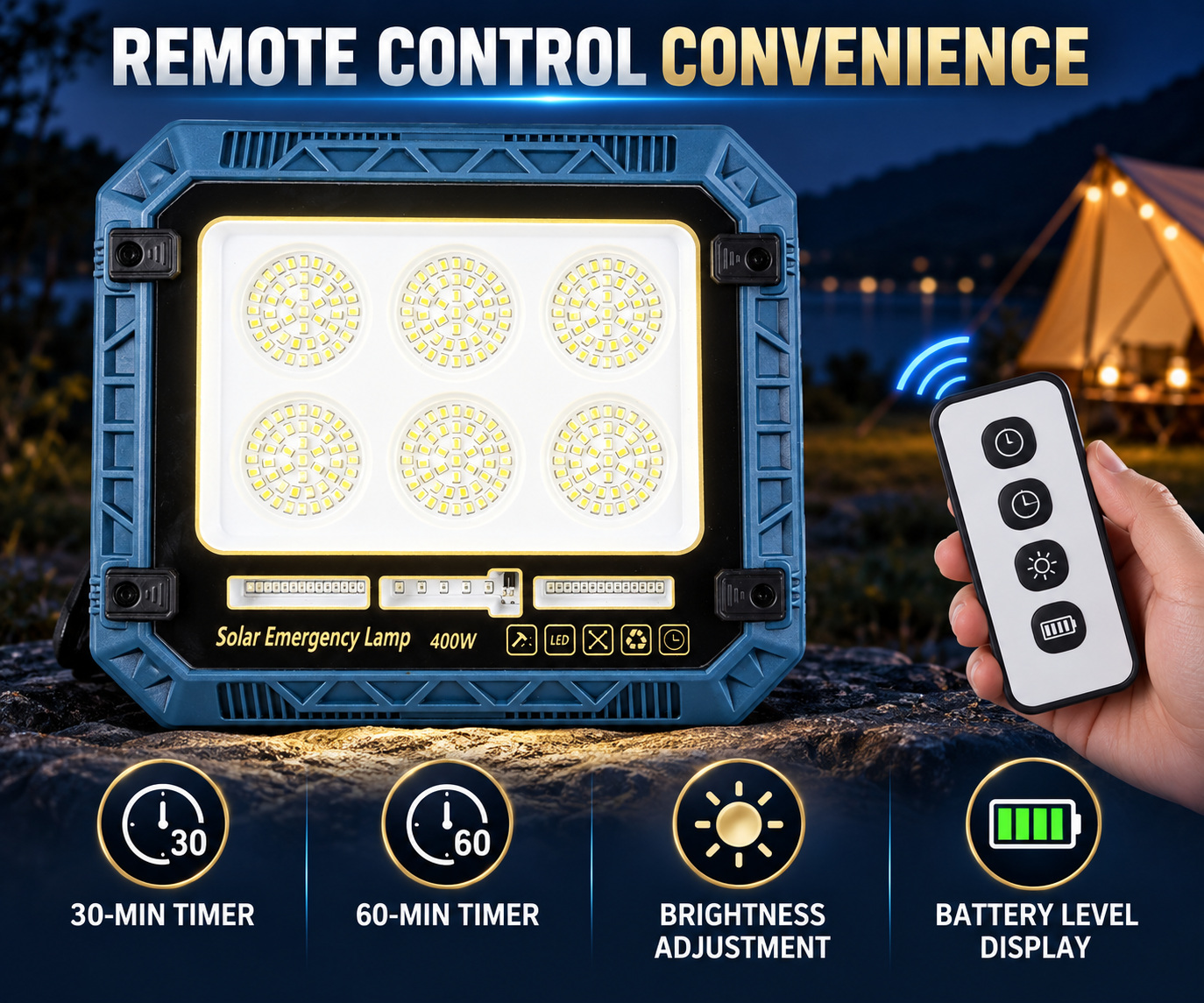 Solar Powered Rechargeable Battery Display 18650 W8115 3 12 5W LED Flood Light Remote Control photo 3