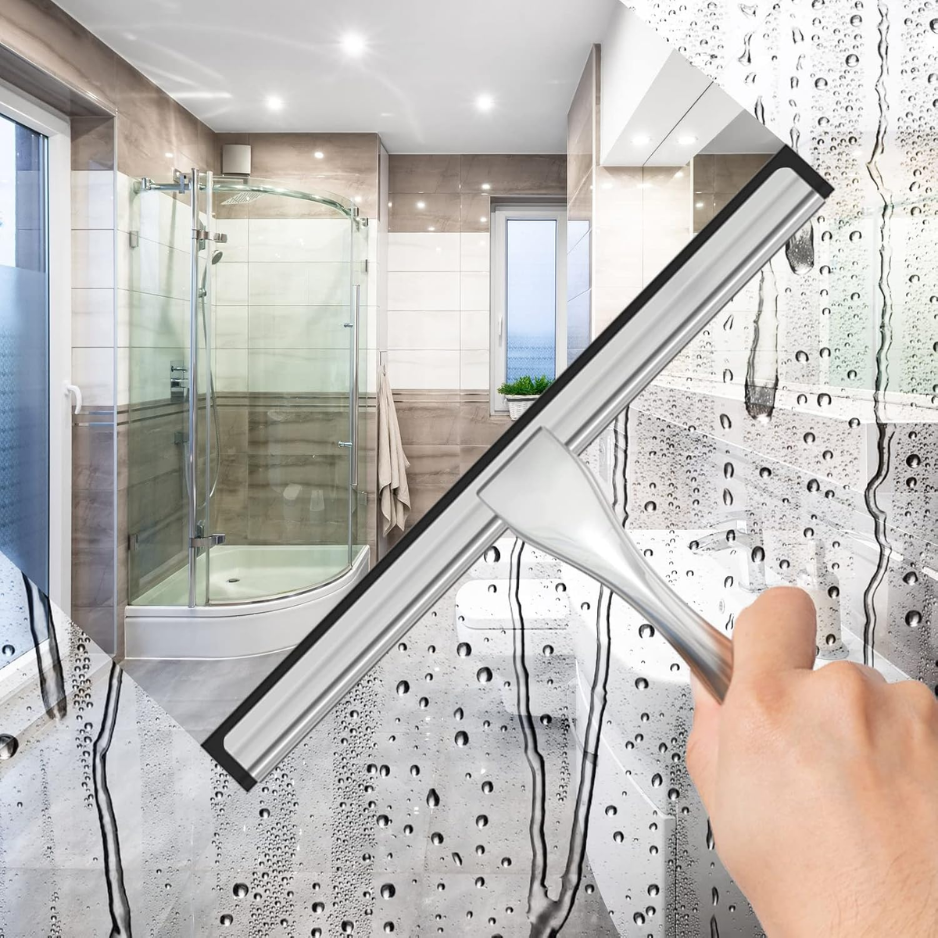 Stainless Steel Shower Squeegee 10 Inch With 2 Adhesive Hooks, Silver Glass Cleaner For Shower, Windows, Mirrors, Tile And Car photo 5