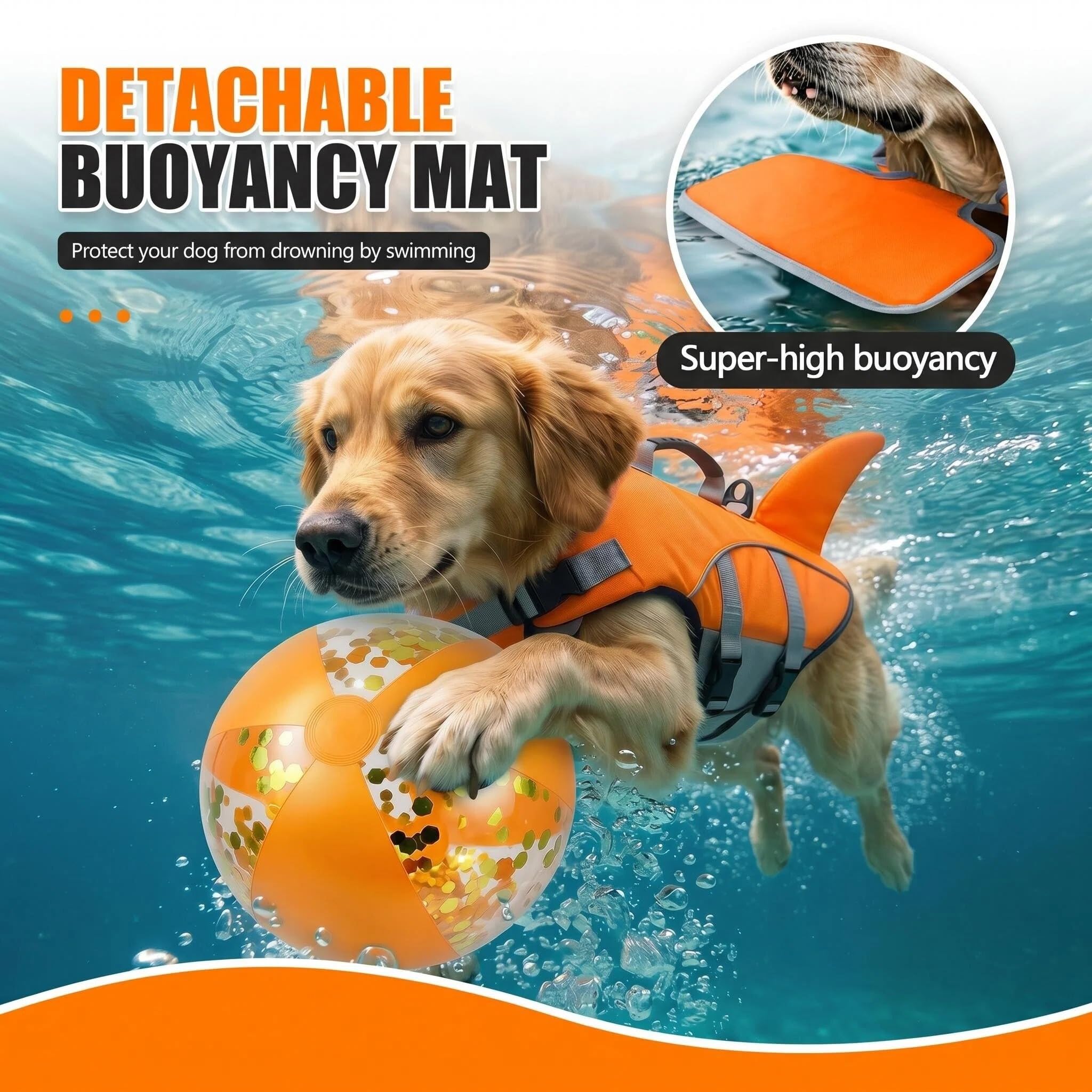 Dog Life Jacket For Small Medium Large Dogs, Shark Pet Life Vest With Rescue Handle & Adjustable Straps, Reflective Dog Flotation Vest For Swimming, Boating, Beach photo 3