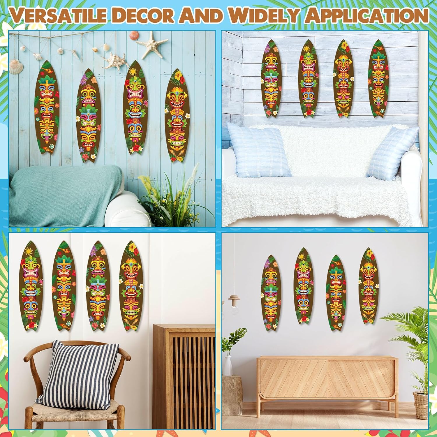 4-Piece Wooden Surfboard Wall Decor Tropical Beach Hanging Signs For Hawaiian Luau Home And Party Decoration photo 4