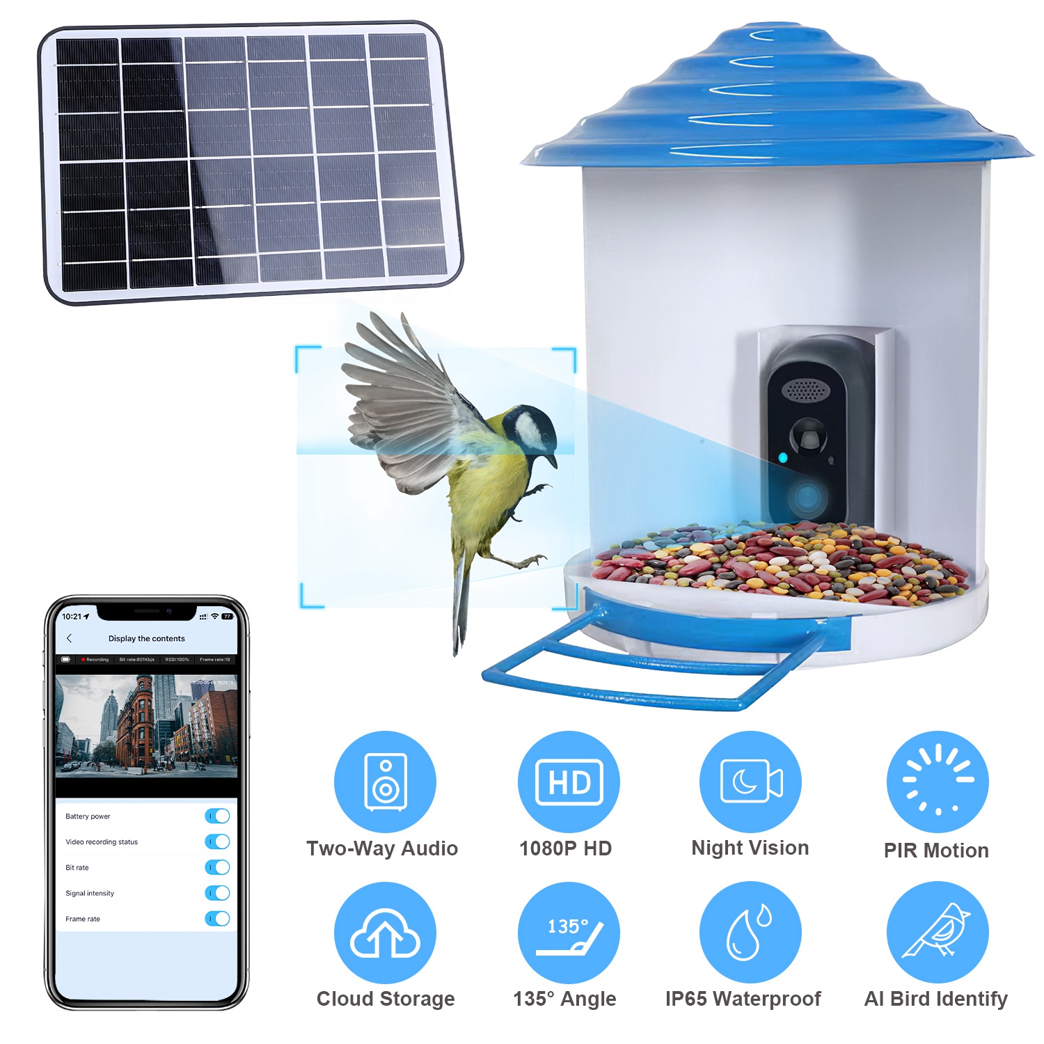Smart Bird Feeder With Solar Powered Camera 1080P HD AI Identify PIR Motion Auto Capture Video Cloud Card Storage WiFi Connection App Control IP65 Waterproof photo 1