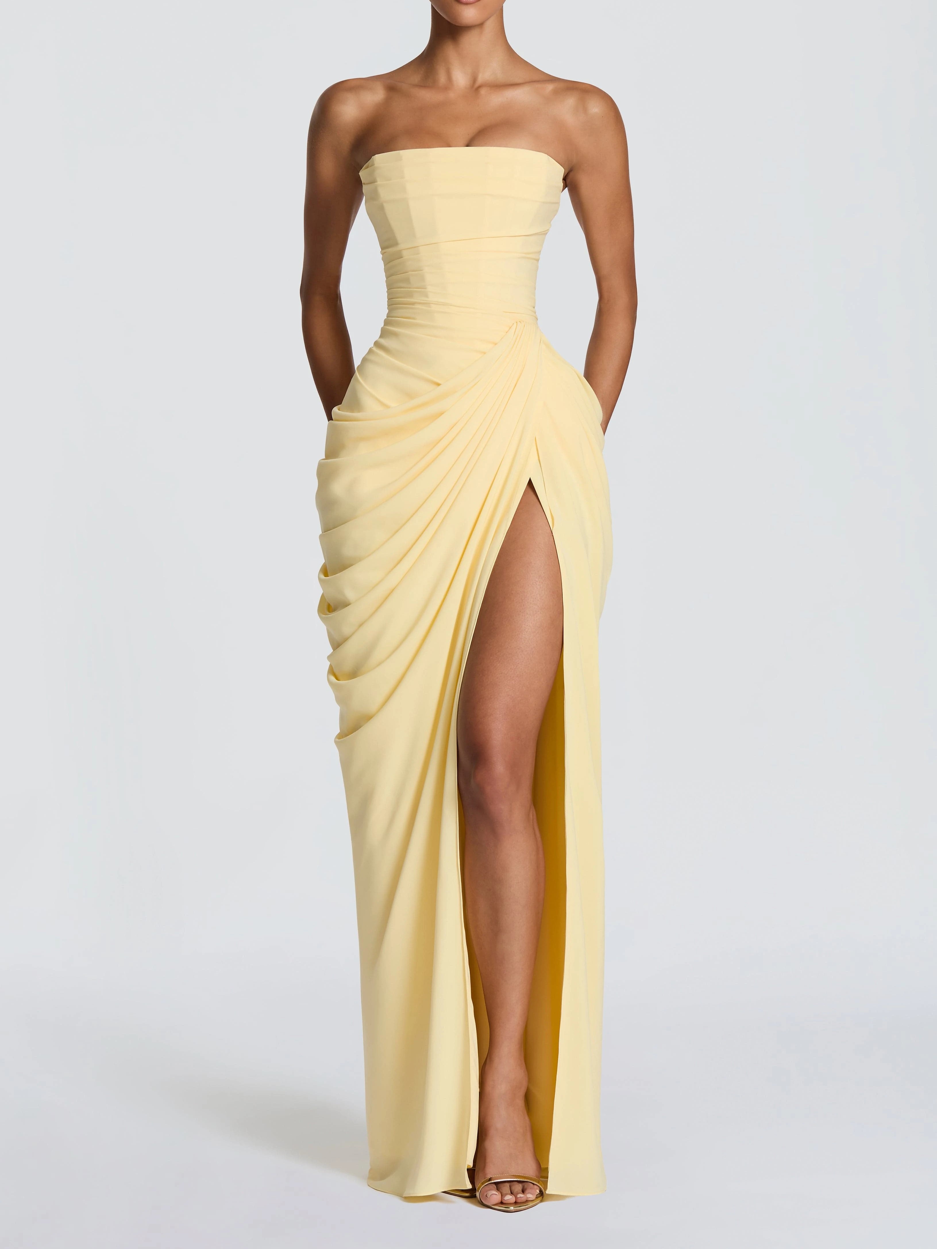 Burgundy Strapless Ruched High-Slit Maxi Gown With Pockets photo 3