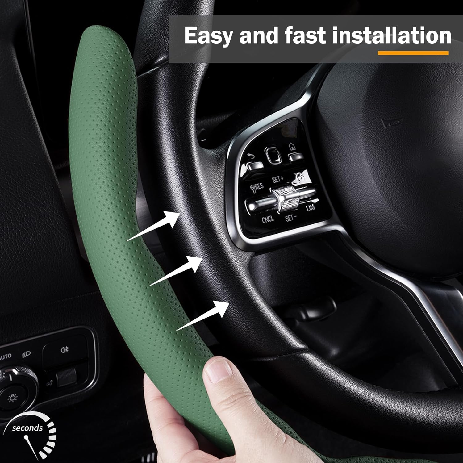 Car Steering Wheel Cover Leather Snap On 3Pcs Set Non-Slip Protector Wrap Steering Wheel Accessories  Universal Green photo 5