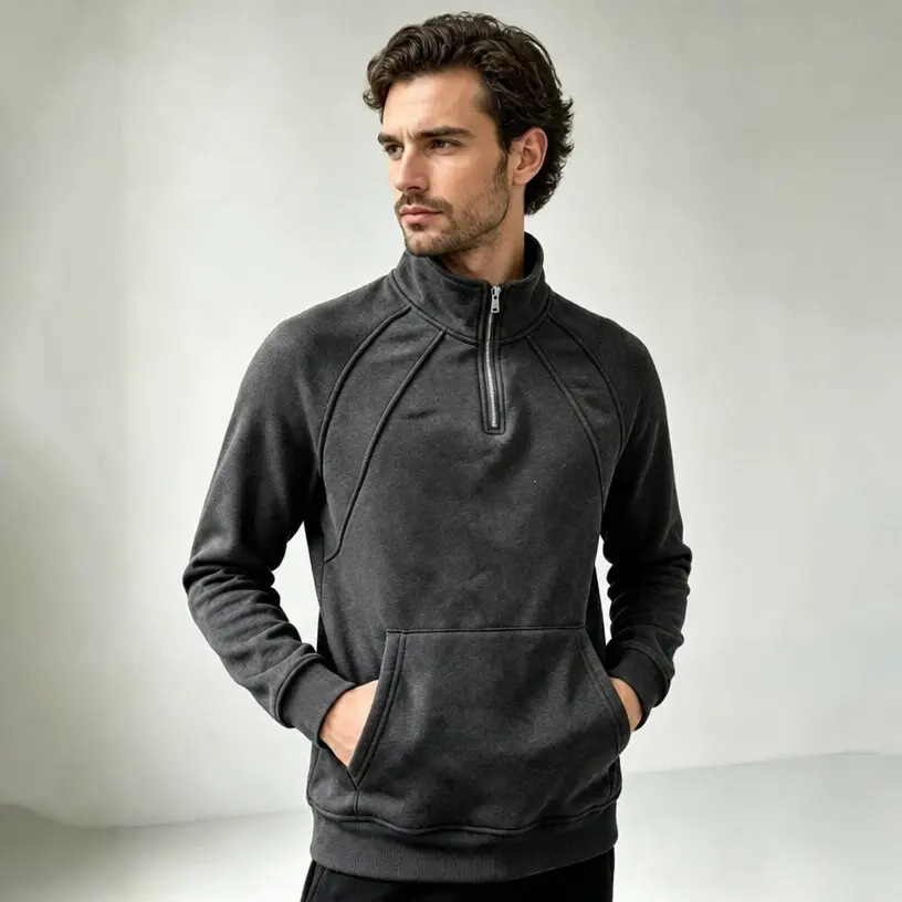 New Men's Fleece Zip Sweatshirt, Loose Stand Collar Sports Casual Outerwear photo 5
