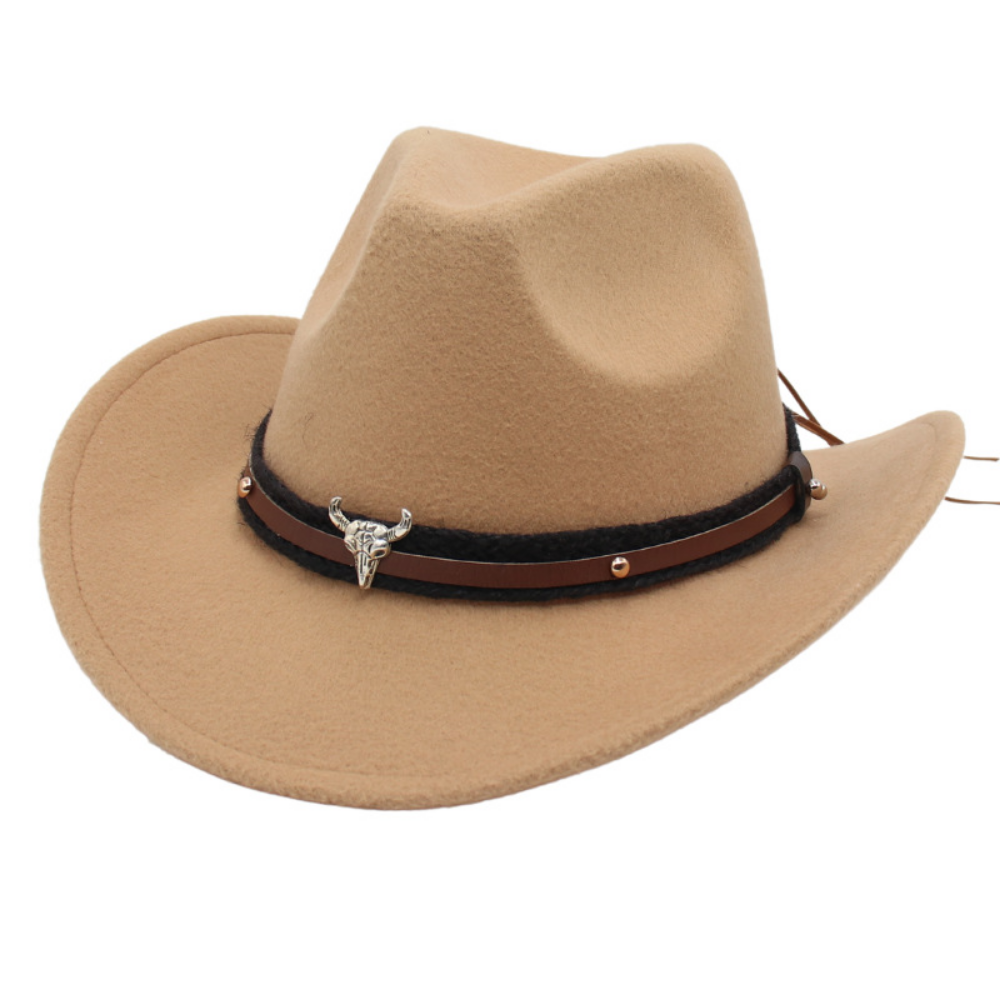Retro American Western Cowboy Hat - Silver Bull Head Wide Brim Felt Hat  Knitted Headband, Suitable For Outdoor Riding, Traveling And Photography photo 5