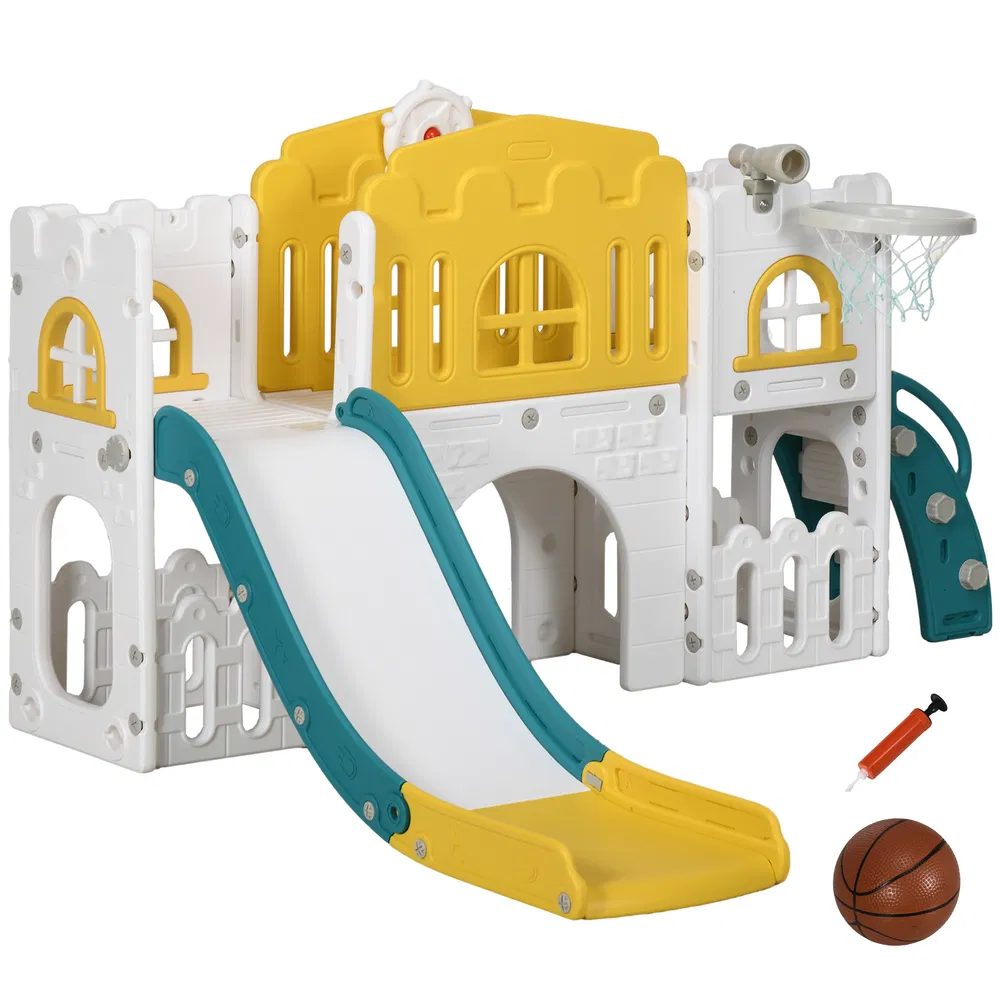 7 in 1 Toddler Slide with Basketball Hoop, Climber, Telescope, Tunnel, Steering Wheel, for 1-3 Years, Yellow photo 2