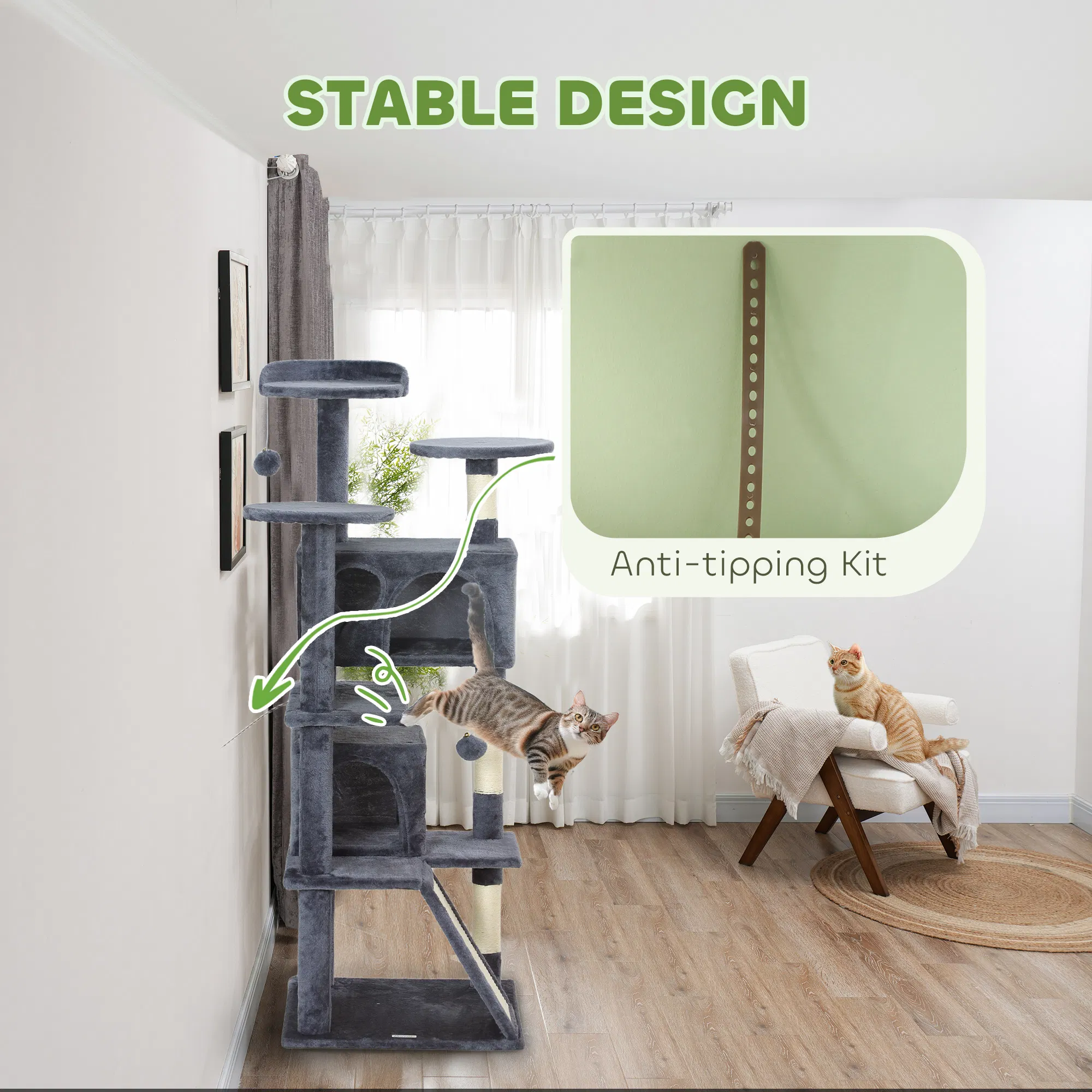 54" Cat Tree, Multi-Level Cat Tower with Scratching Posts, Cat Condos, Bed, Platforms, Ramp, Toy Ball, Dark Grey photo 5