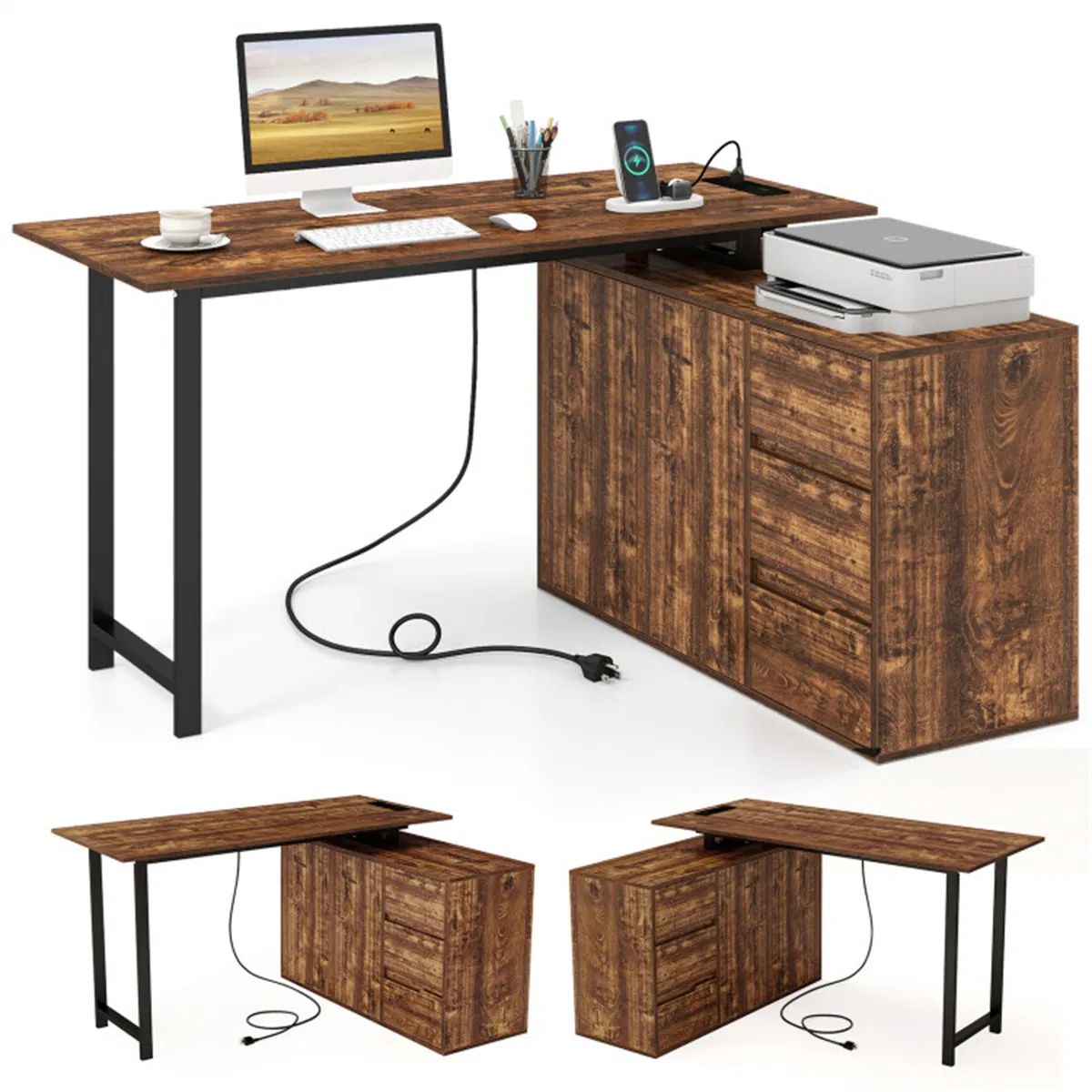 Reversible L-Shaped Desk with Built-in Charging Station, Home Office Desk with Drawers & File Cabinet - Rustic Brown photo 1