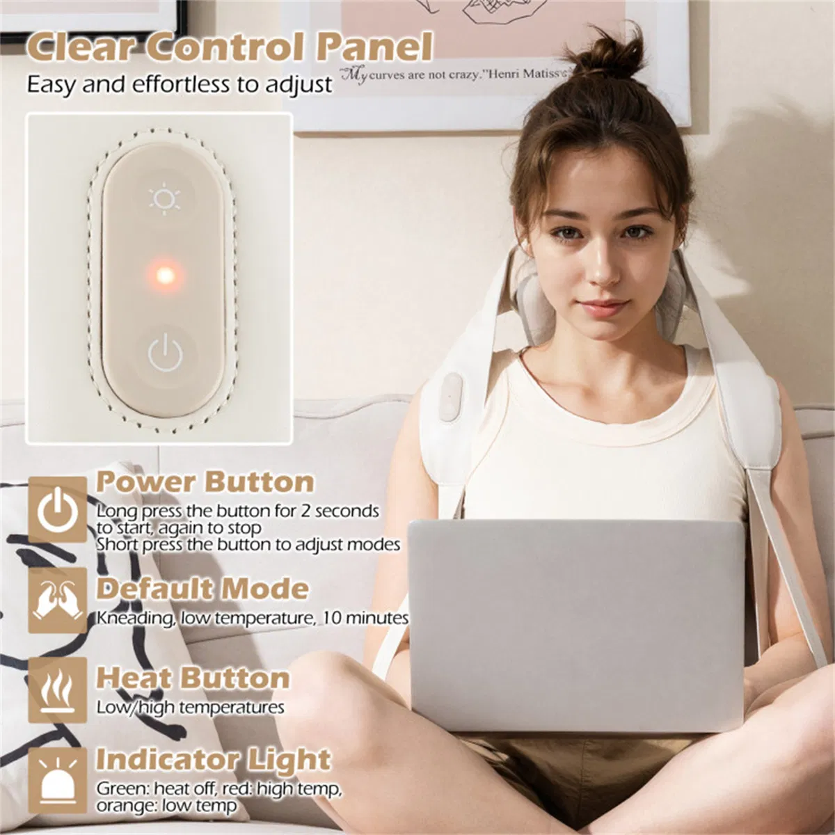 Neck Shoulder Massager - 4D Deep Tissue Kneading, 2 Modes & 2-Level Heat (104-113°F), Hands-Free Straps for Home/Office/Travel photo 4