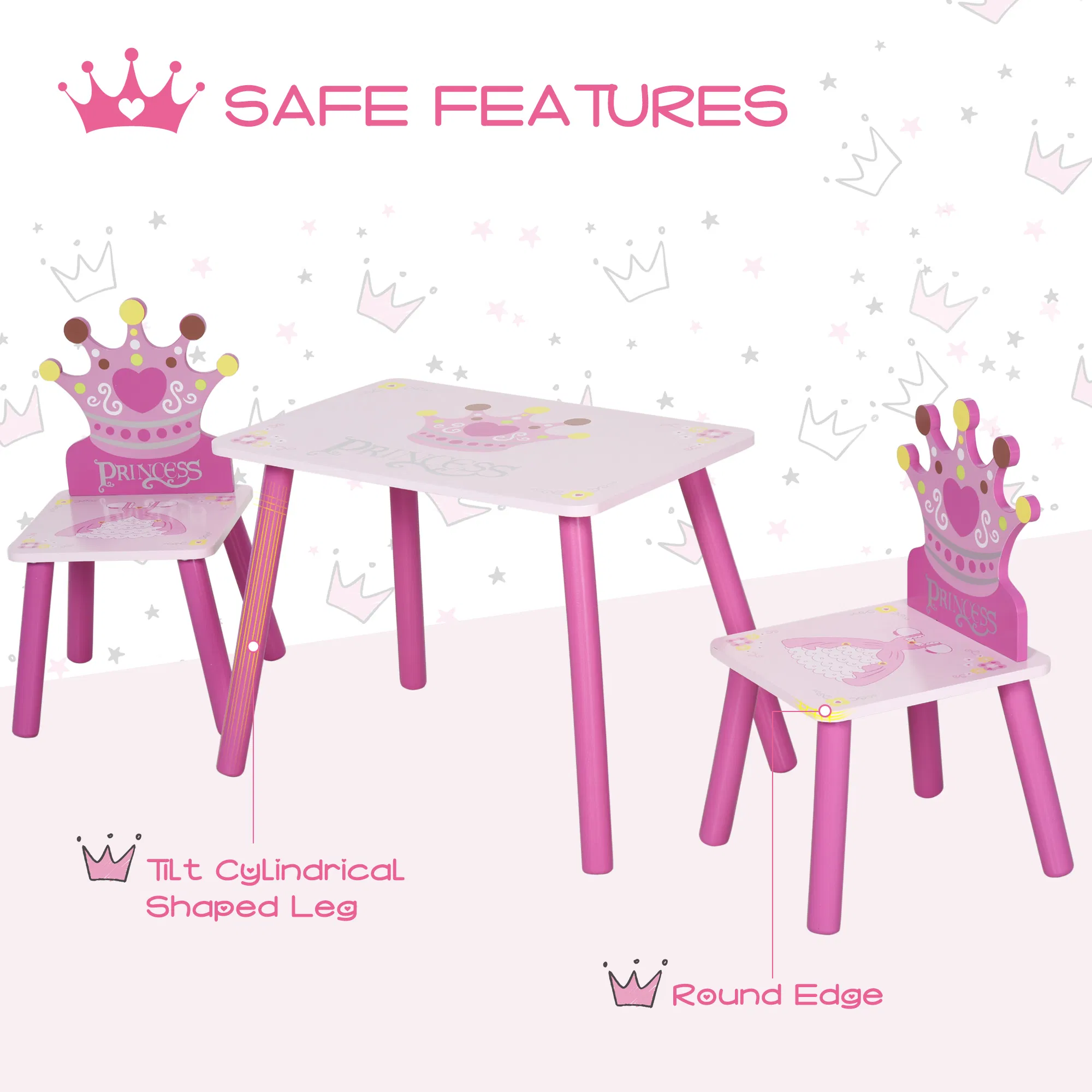 3-Piece Set Kids Wooden Table Chair with Crown Pattern Easy to Clean Gift for Girls Toddlers Age 2-4 Years Old Pink photo 6