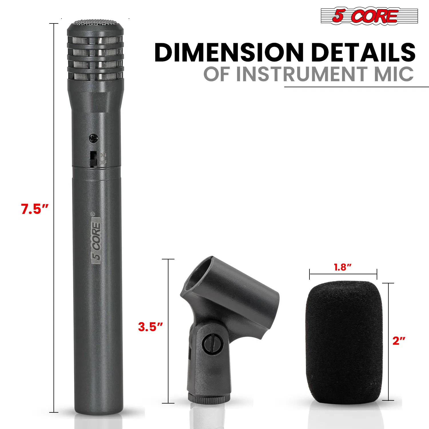 5 CORE Professional Instrument Microphone Pencil Mic Condenser Cardioid Unidirectional Stick Microfono with Windscreen Mic Clip & Case photo 6