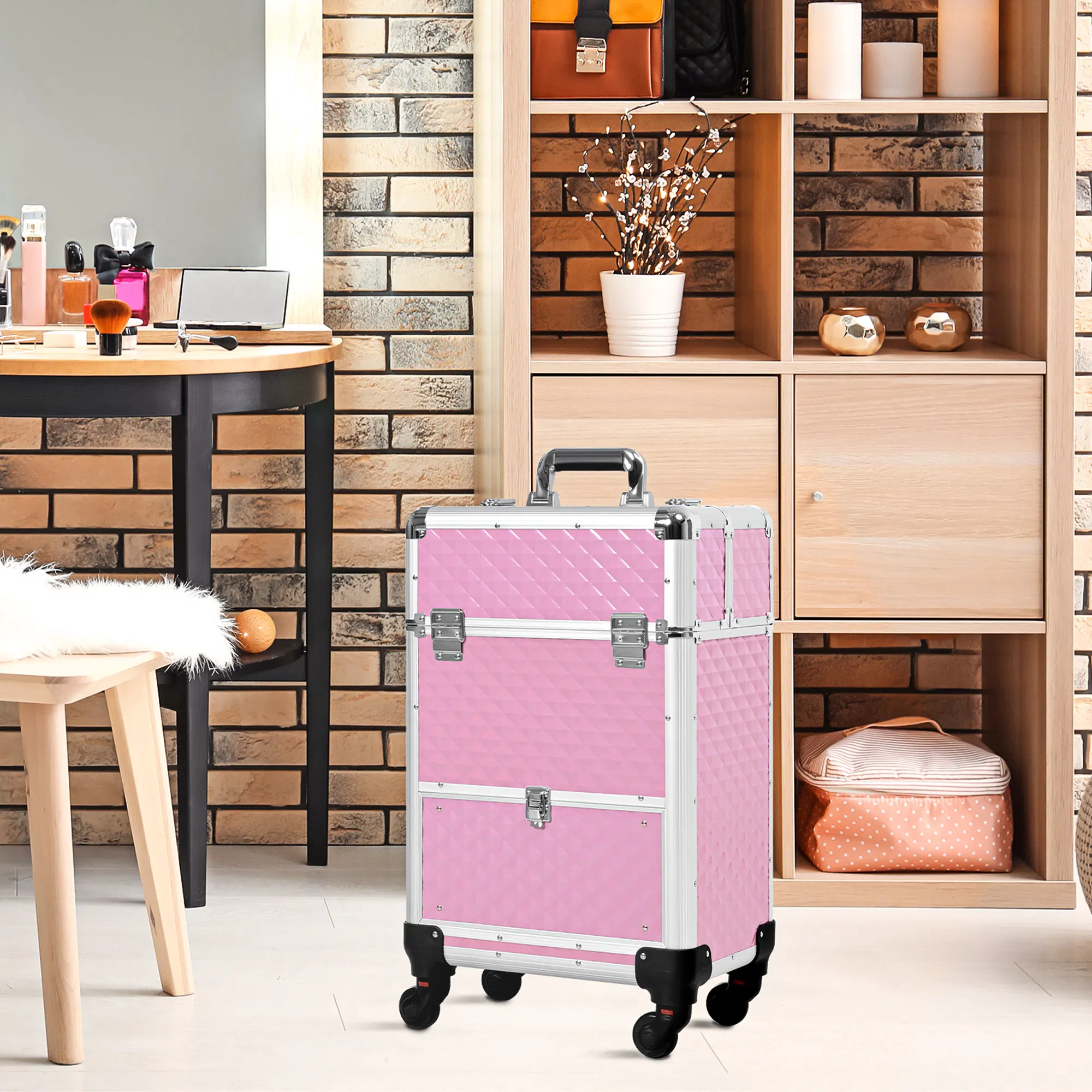 Makeup Train Case Portable Aluminum Rolling Cosmetic Organizer Trolley 4 Wheels Pink Salon Beauty Jewelry Storage photo 2
