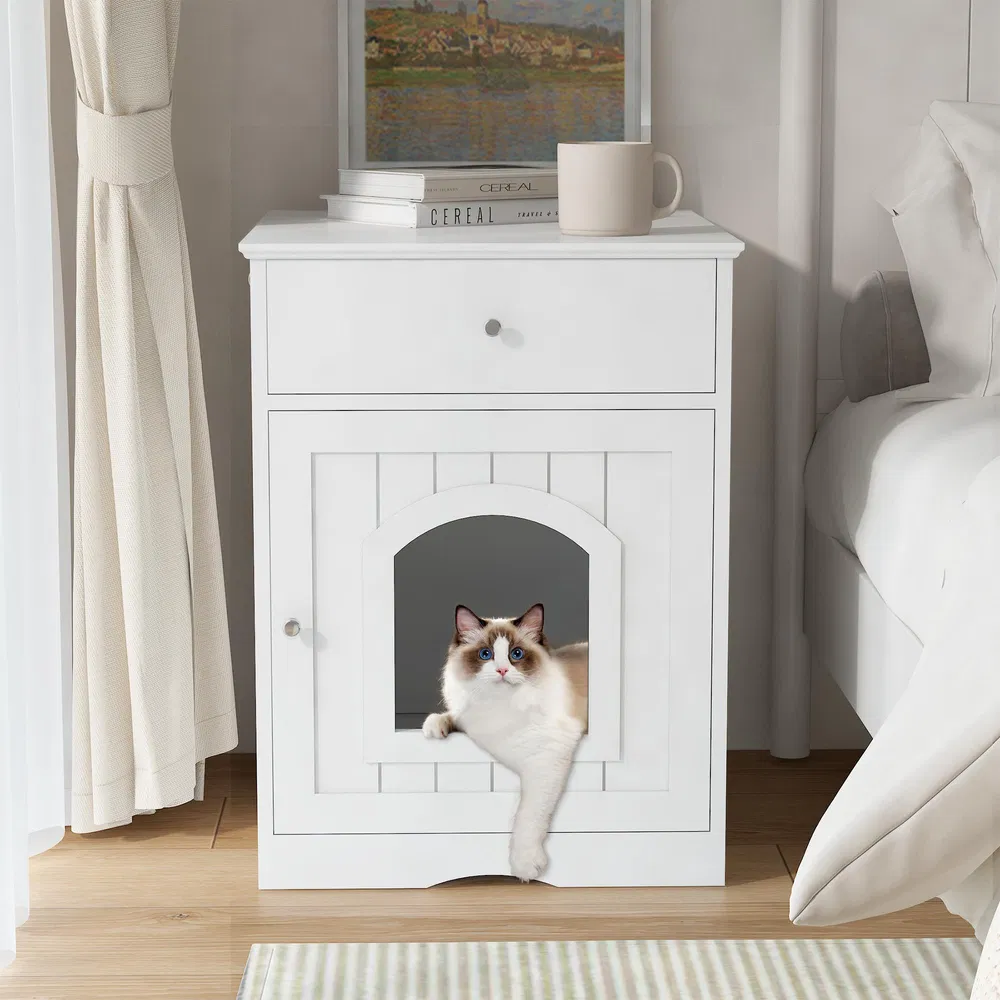 Wooden Pet House Cat Litter Box Enclosure with Drawer, Side Table, Indoor Pet Crate, Cat Home Nightstand (White) photo 2
