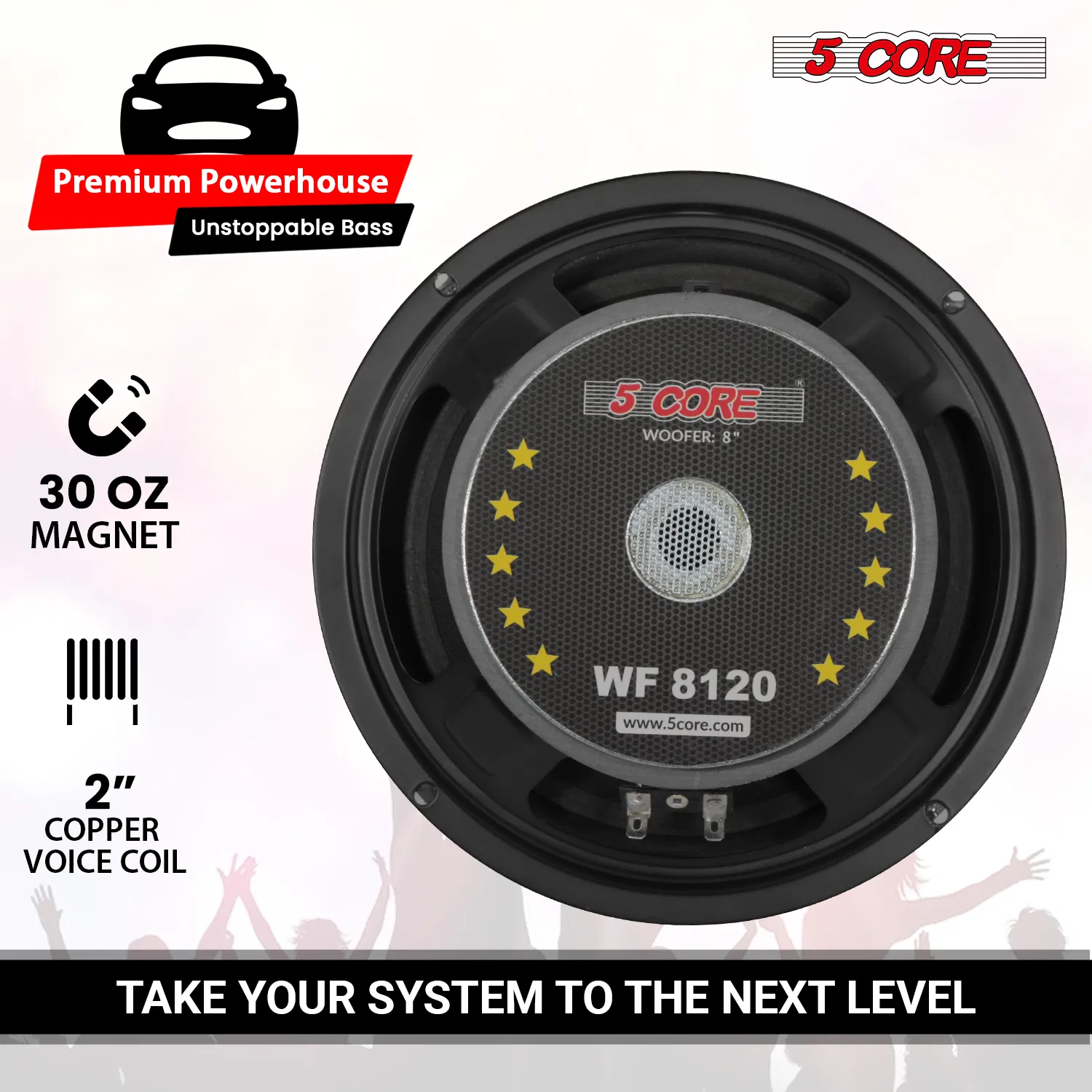 5 Core 8 Inch Woofer 200W Car Audio Subwoofer 8 or 4 Ohm Impedance Replacement Deep Bass Sub w 30 Oz Y30 Magnet Poly Cone Rubber Surround for Vehicle Sound System - WF 8 120 PP 4OHM photo 2