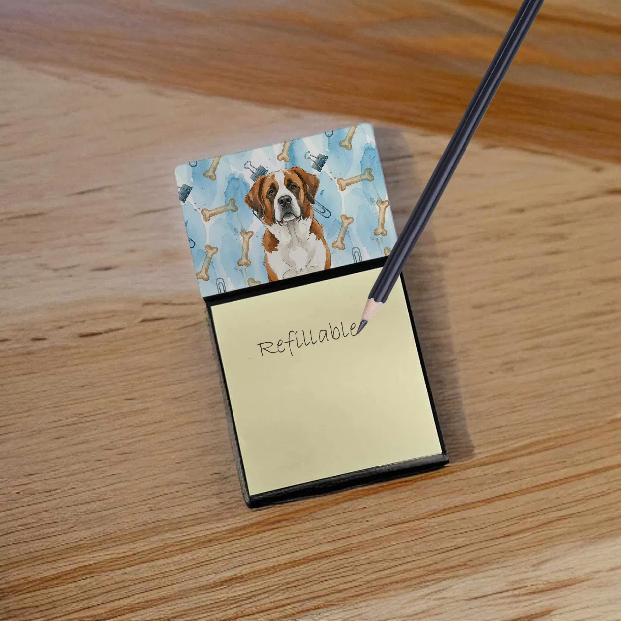 Brown and White Saint Bernard Coworker Watercolor Sticky Note Holder Refillable Dispenser Desk Accessory 3x3 Pad Gift photo 4