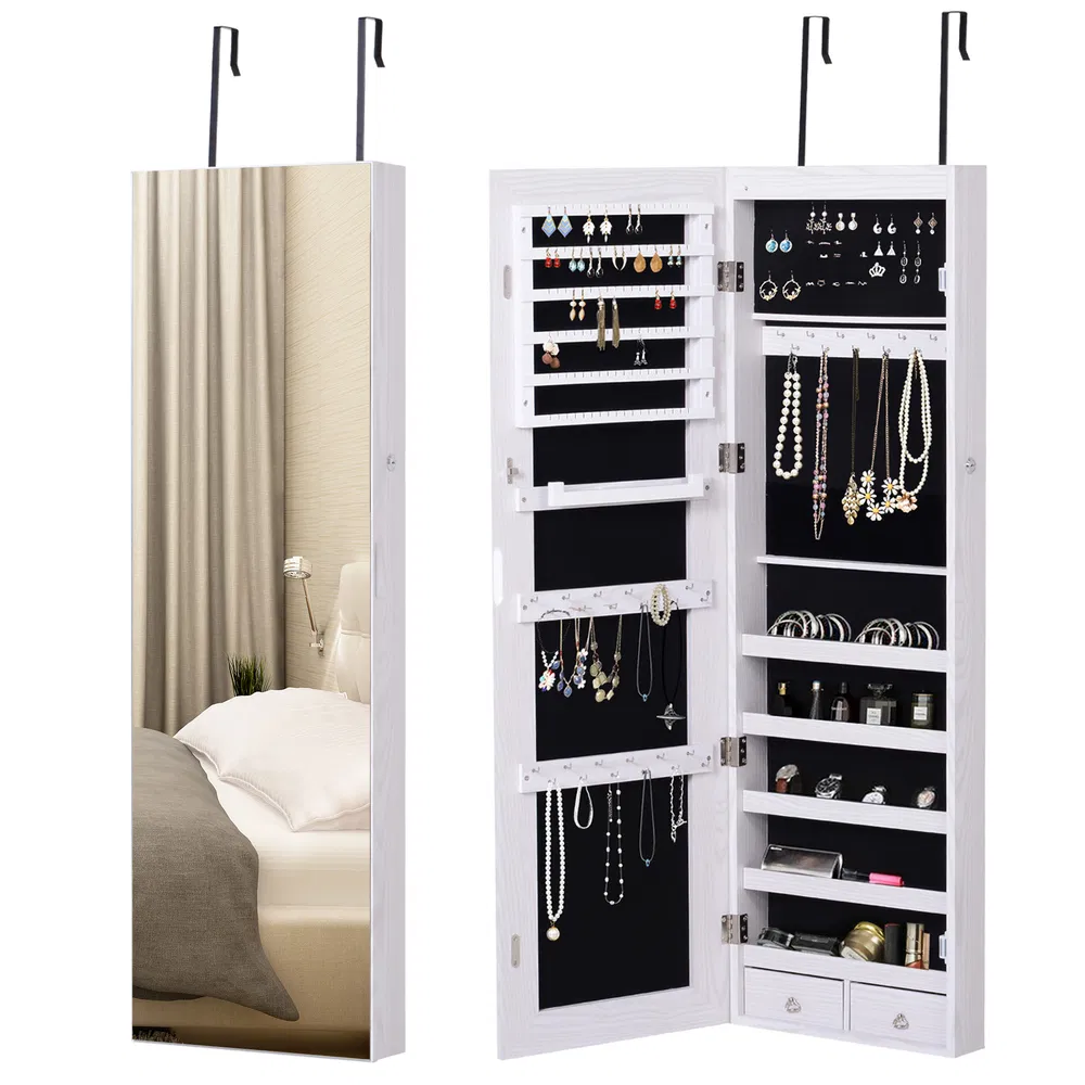 LED Lighted Mirror Jewelry Cabinet Wall Door Mounted Storage Organizer Armoire Wood Grain Gray photo 7