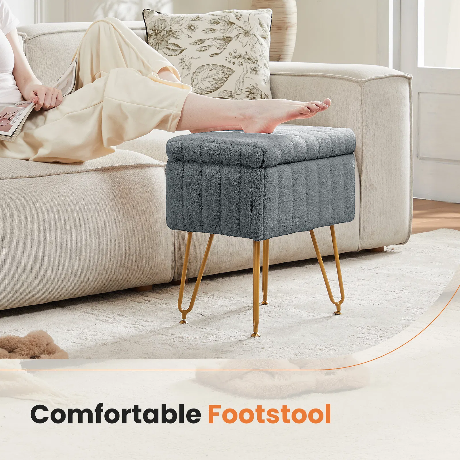Vanity Stool Chair with Storage, Ottoman Faux Fur Soft Padded Makeup Footstools Seat with 4 Metal Legs Anti-Slip Adjustable Feet Modern photo 6