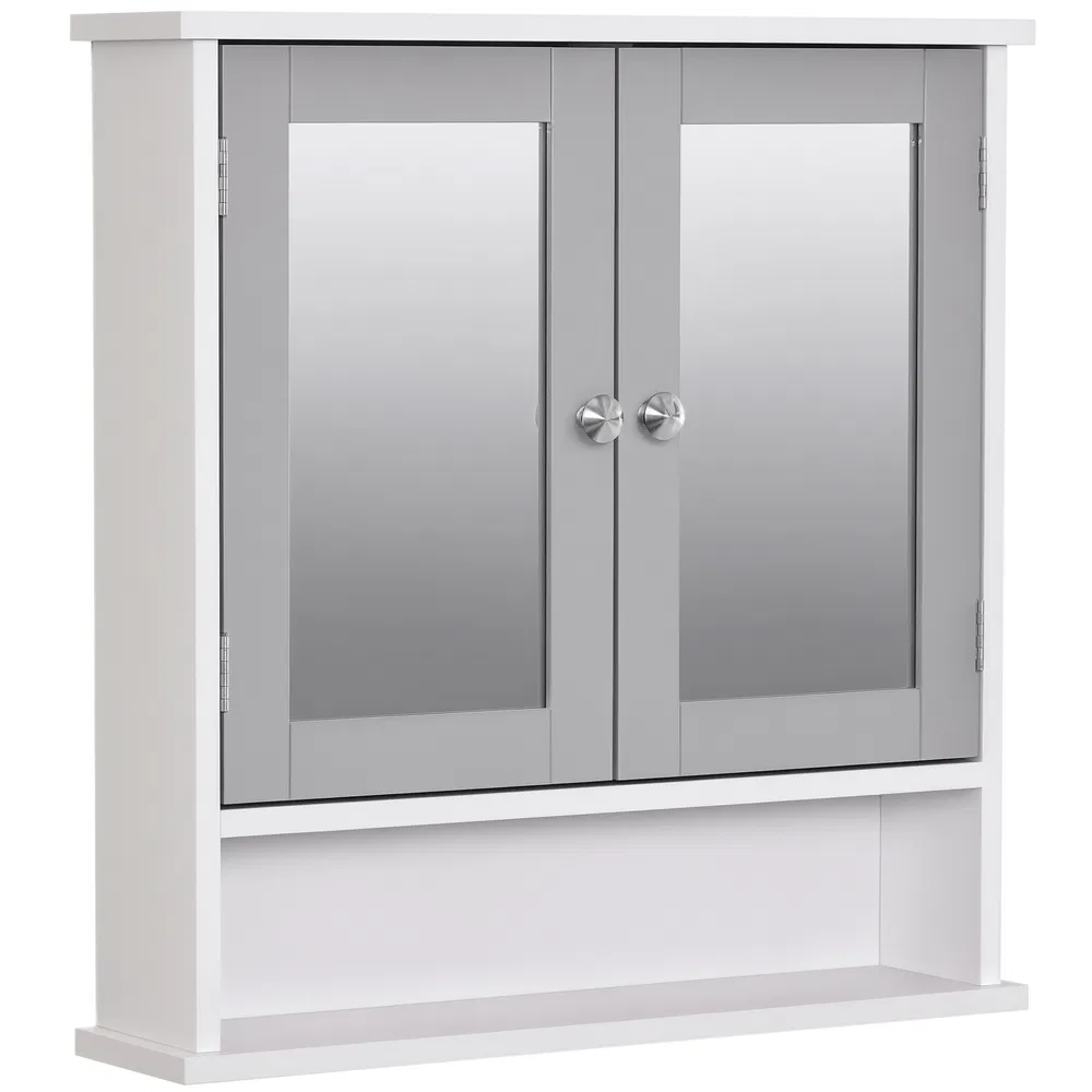 Medicine Cabinet, Wall-Mounted Bathroom Mirror Cabinet with Double Doors, Open Shelf, and Adjustable Shelf, Modern Bathroom Wall Cabinet, White and Grey photo 2