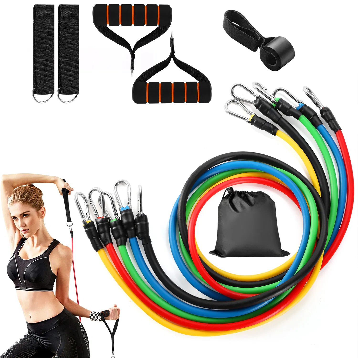 11Pcs Resistance Bands Set Fitness Workout Tubes Exercise Tube Bands Up to 100lbs w/ Door Anchor Handles Ankle Straps for Physical Training Yoga Pilates photo 1
