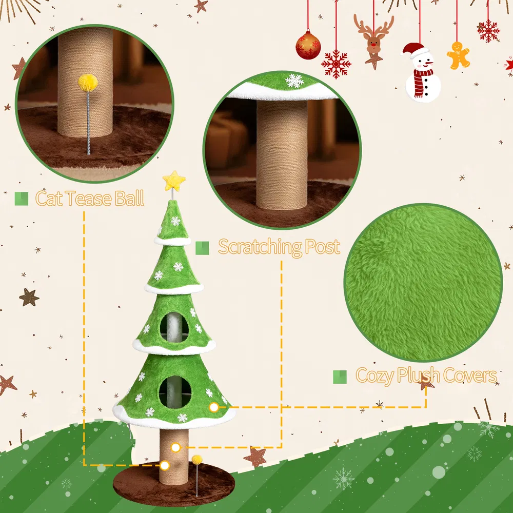 59in Large Tall Christmas Tree Cat Tower with 2 Cat Condos & Scratching Post, Soft Fleece Cat Tree with Teaser Toy & Sturdy Base & Built-in Openings for Indoor Cats, Green & White photo 2