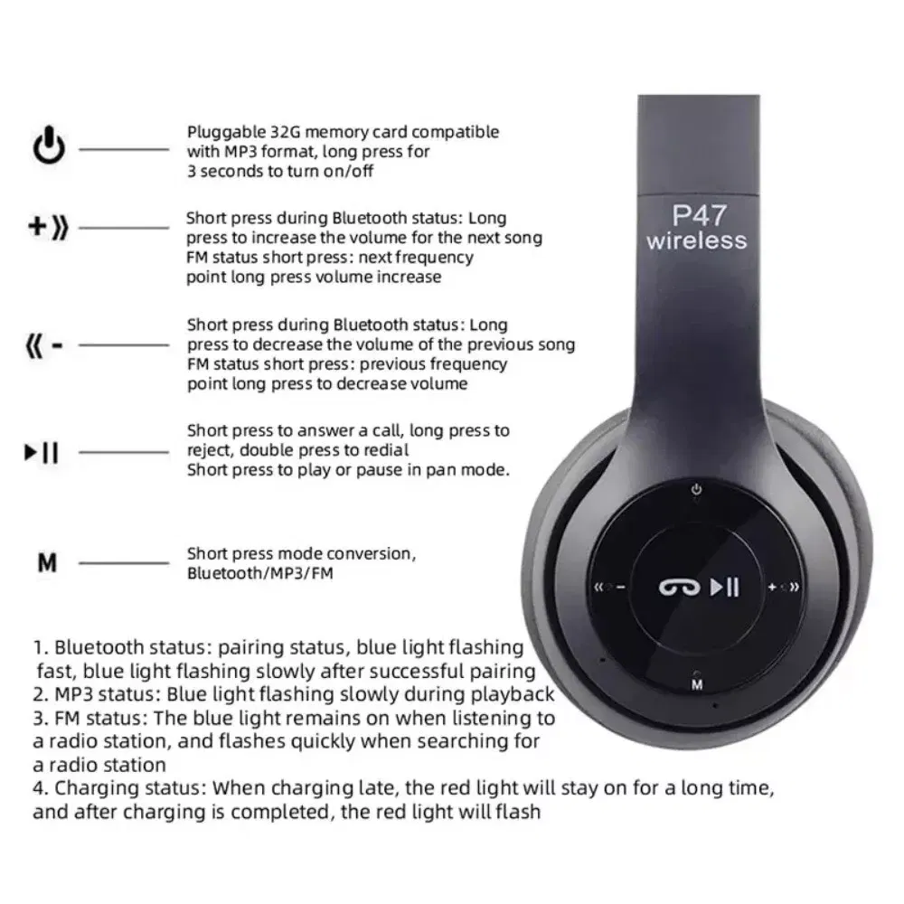 Wireless Bluetooth 5.0 Headphones Headset Over-Ear FM Radio MIC Foldable TF Card photo 2