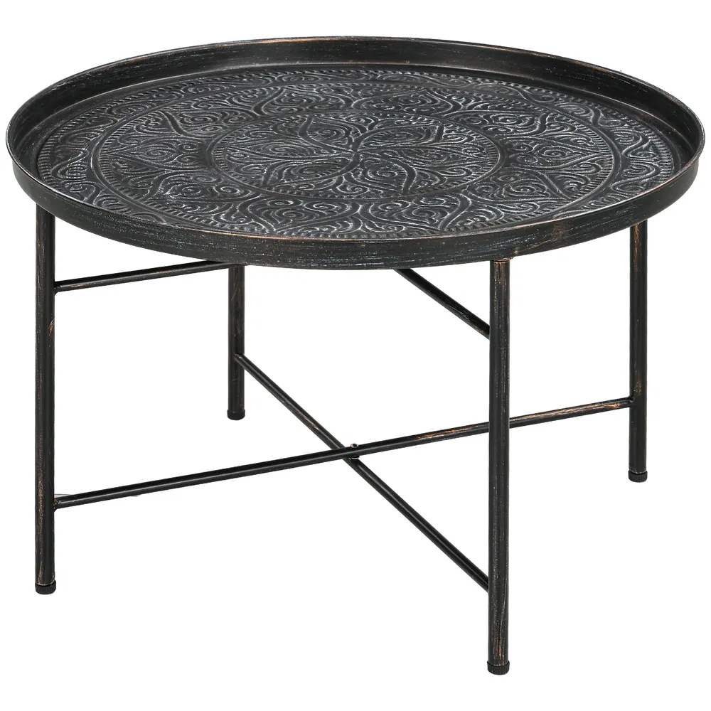 Vintage Coffee Table for Living Room, 24" Round Center Table with Hammered Tray Top and Metal Frame, Pewter photo 2
