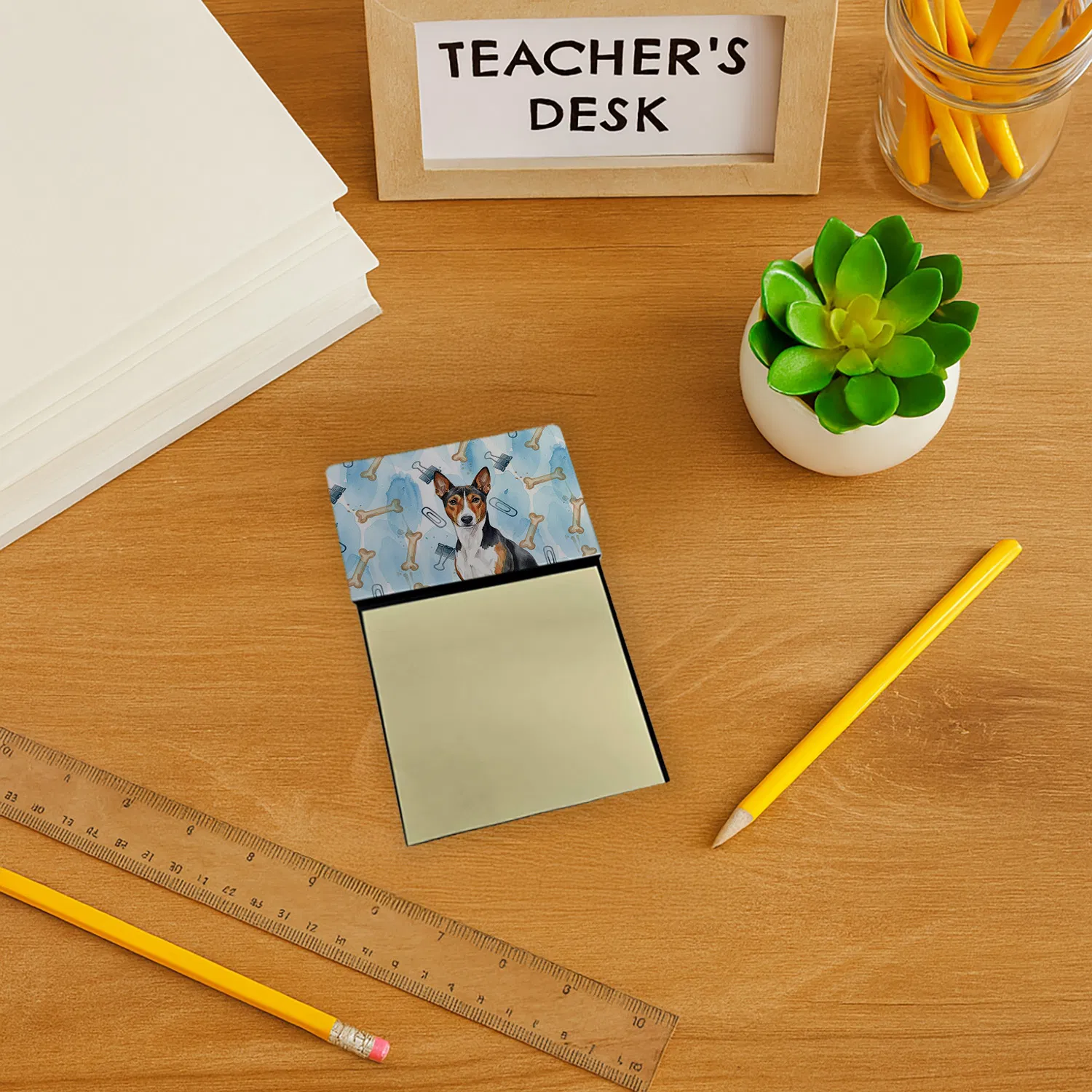 Tricolor and White Basenji Coworker Watercolor Sticky Note Holder Refillable Dispenser Desk Accessory 3x3 Pad Gift photo 3